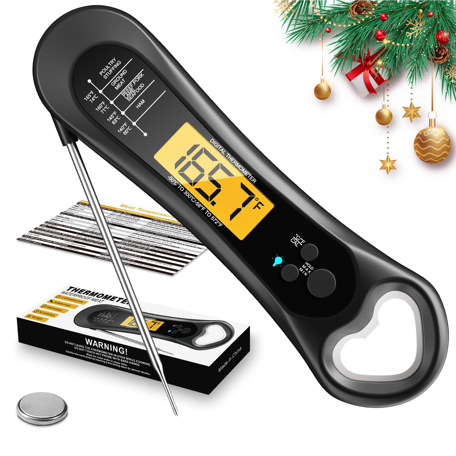 Digital Meat Thermometer with Instant Read - Accurate Cooking & Grilling Thermometer for BBQ, Turkey, Candy, Liquids | Features Backlight, Bottle Opener & Calibration | Perfect Kitchen Gadget for Home Chefs & Outdoor Cooking