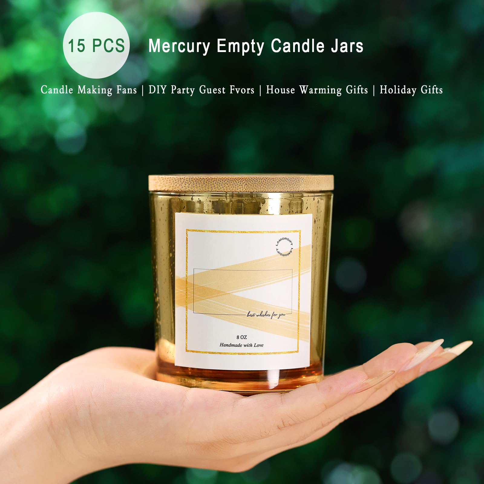LAMORGIFT 15 Pack 8oz Gold Glass Candle Jars with Lids - Empty Mercury Glass Containers for DIY Candle Making - Includes 20 Candle Labels - Perfect for Home Decor, Wedding Favors & Gift Packaging