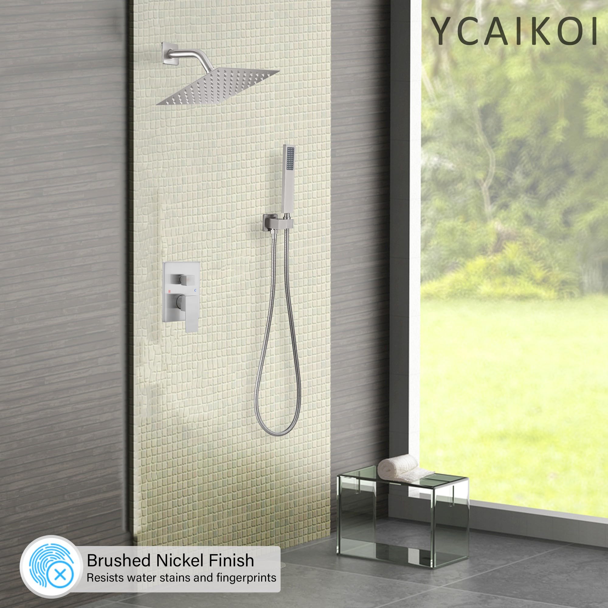 Brushed Nickel Shower System - 8 Inch High Pressure Rainfall Showerhead with Handheld Sprayer, Wall Mounted Bathroom Faucet Set with Rough-in Valve & Trim Kit | Perfect for Master Bath, Spa-Like Shower Experience & Modern Home Renovation