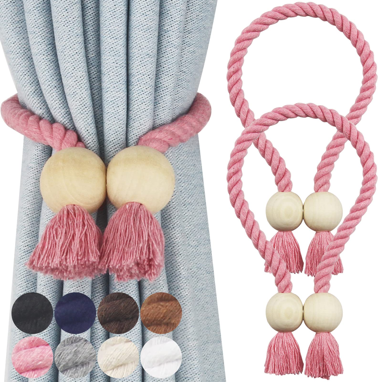 2 Pack Magnetic Cotton Hand Woven Curtain Tie Backs - Decorative Rope Holdbacks for Drapes & Curtains, No Tools Required, Pink - Perfect for Living Room, Bedroom & Window Decor