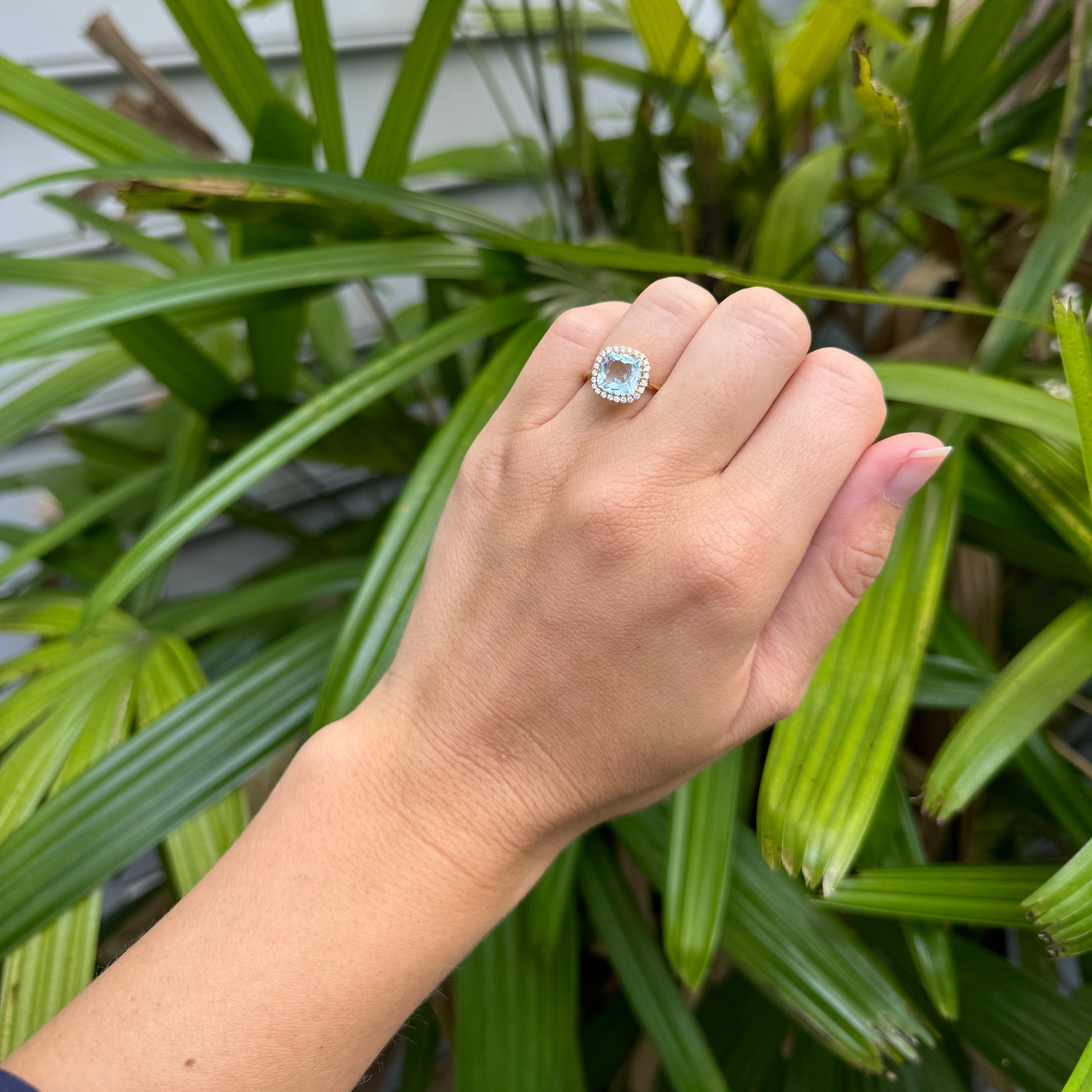 18K Yellow Gold Blue Topaz & Diamond Halo Ring for Women - Elegant Cushion Cut Gemstone Engagement, Wedding, Anniversary Jewelry Gift