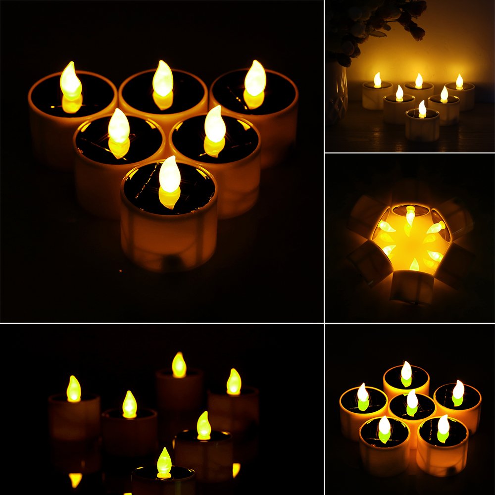 Solar Powered LED Candle Lights with Light Sensor - Flickering Yellow Flameless Tealights for Indoor Wedding, Christmas, Valentine's Day & Holiday Decorations - Perfect for Centerpieces, Fireplace, Table Settings and Romantic Ambiance