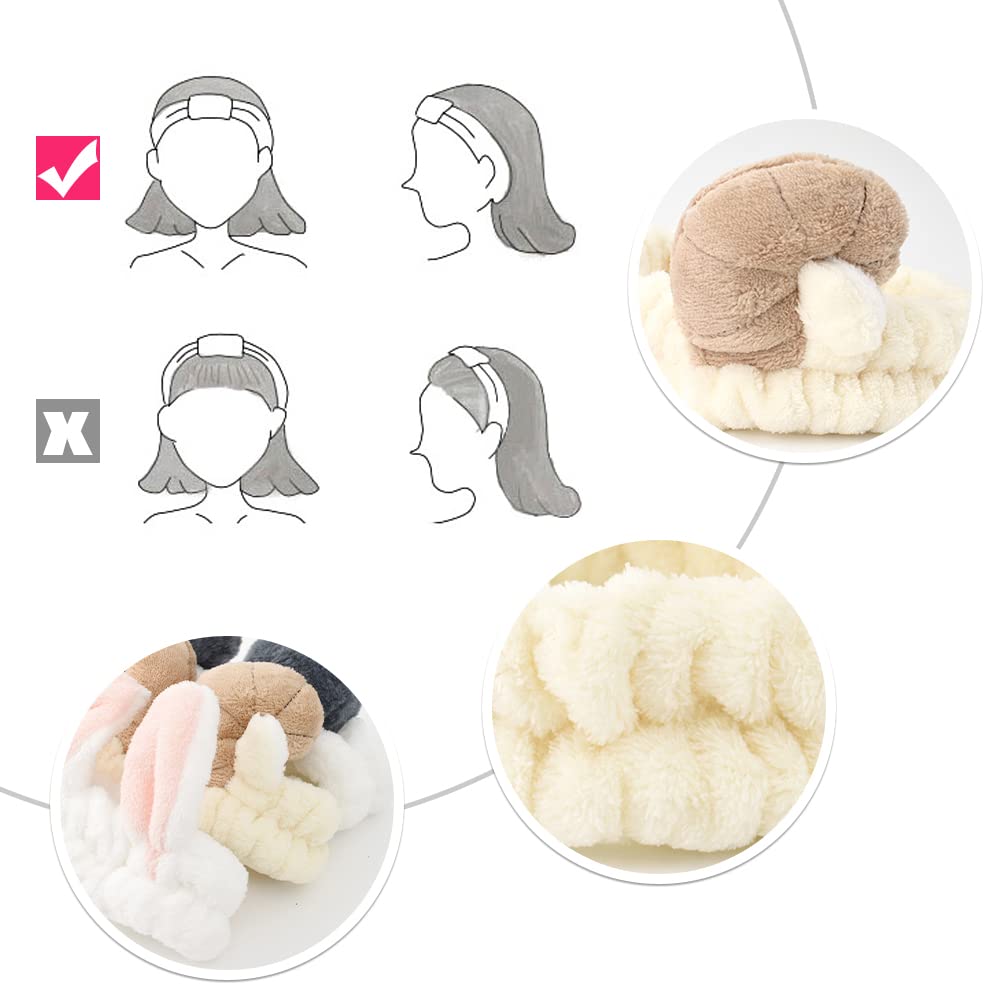 Cute Animal Ears Headbands with Fluffy Ball - Soft Coral Fleece Elastic Hair Band for Women - Pack of 3 - Perfect for Washing Face, Makeup, Skincare and Cosplay Costume Accessories