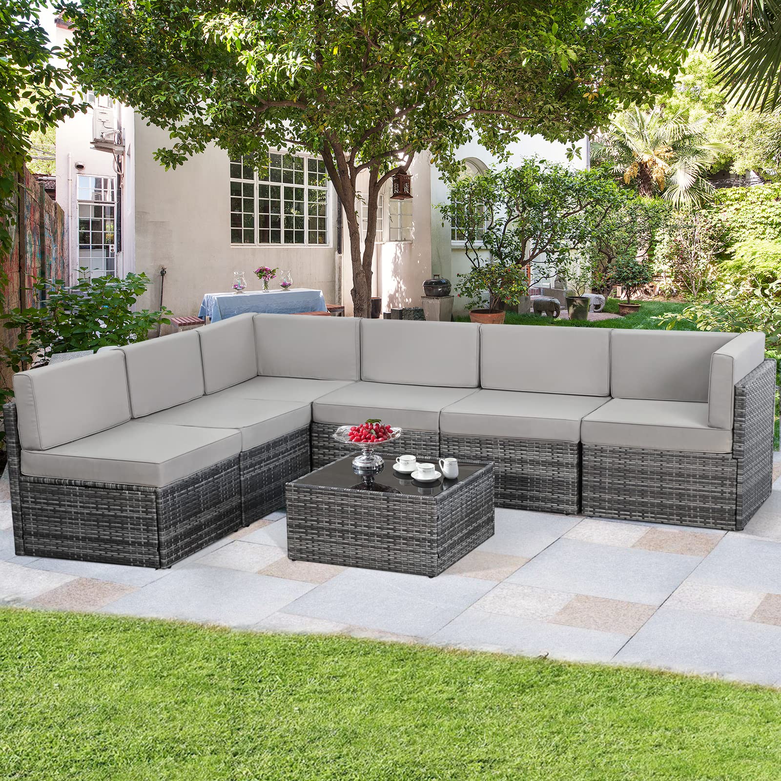 AECOJOY 7-Piece Outdoor Patio Furniture Set with Coffee Table - Waterproof PE Rattan Sectional Sofa & Grey Cushions - Perfect for Garden, Backyard, Poolside & Outdoor Entertaining