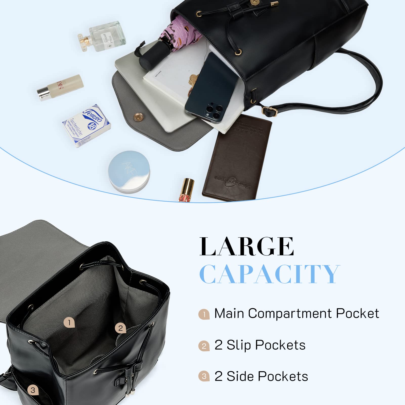 Missnine Small Backpack Purse for Women - Fashion PU Leather Backpack Purse, Ladies Travel Bag & Casual Daypack (Black) - Perfect for Work, School, Travel & Everyday Use