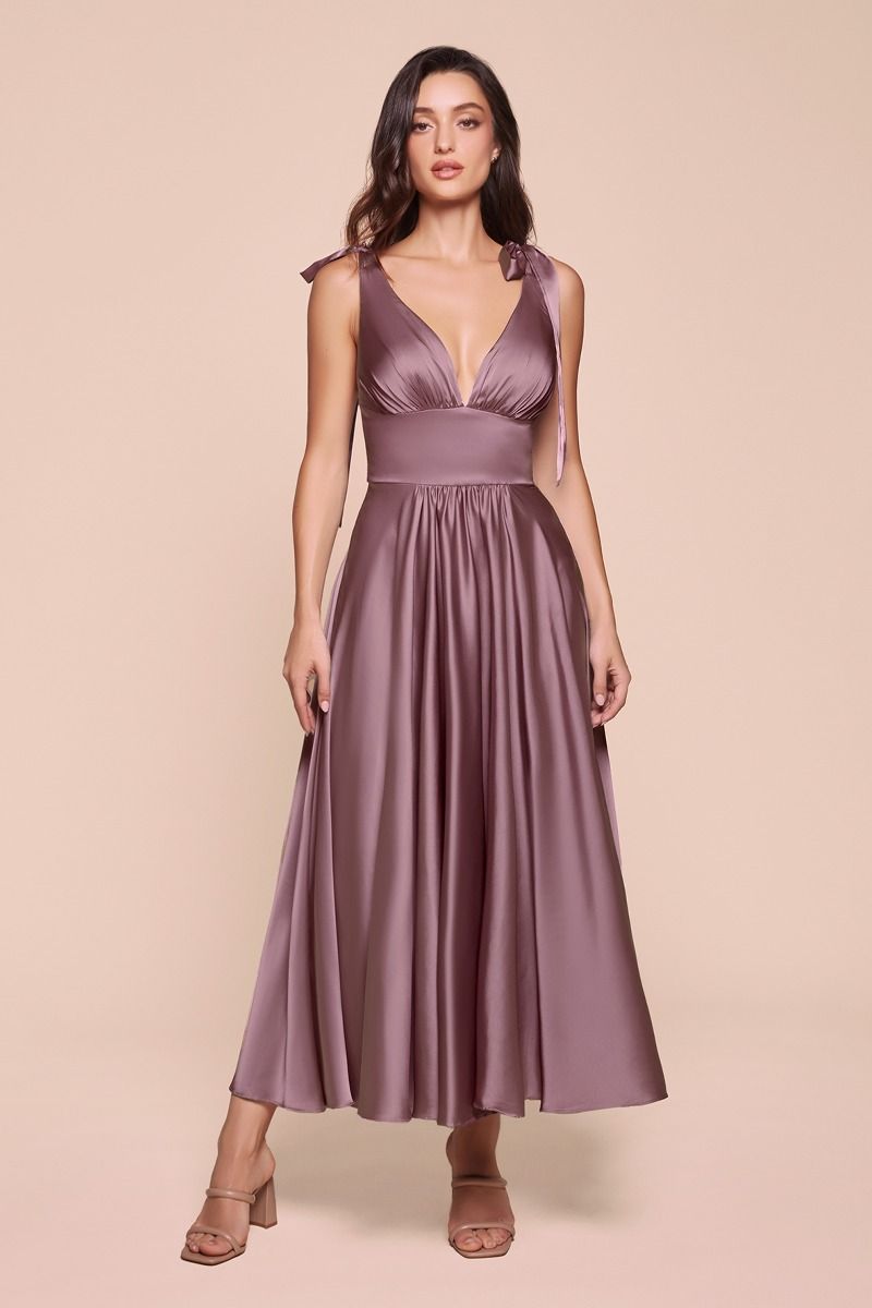 Elegant Maggie Midi Dress in English Violet - Tea Length Soft Satin A-Line Dress for Wedding Guest, Cocktail Party & Special Occasions