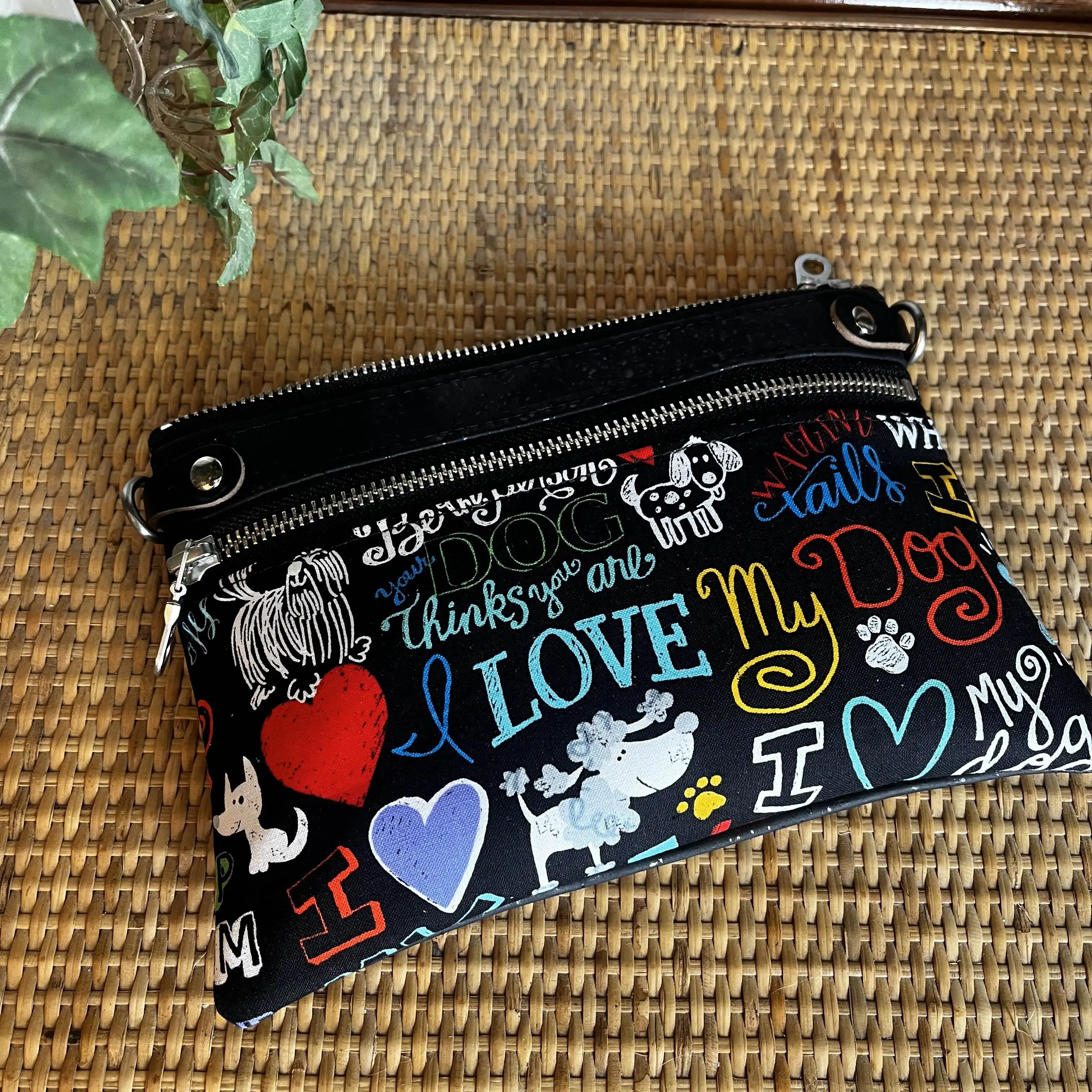 Izzy Cross Body Small Handbag - Black Cork Leather with Love My Dog & Brushed Antique Design - Perfect for Everyday Use, Travel, and Dog Lovers Accessory