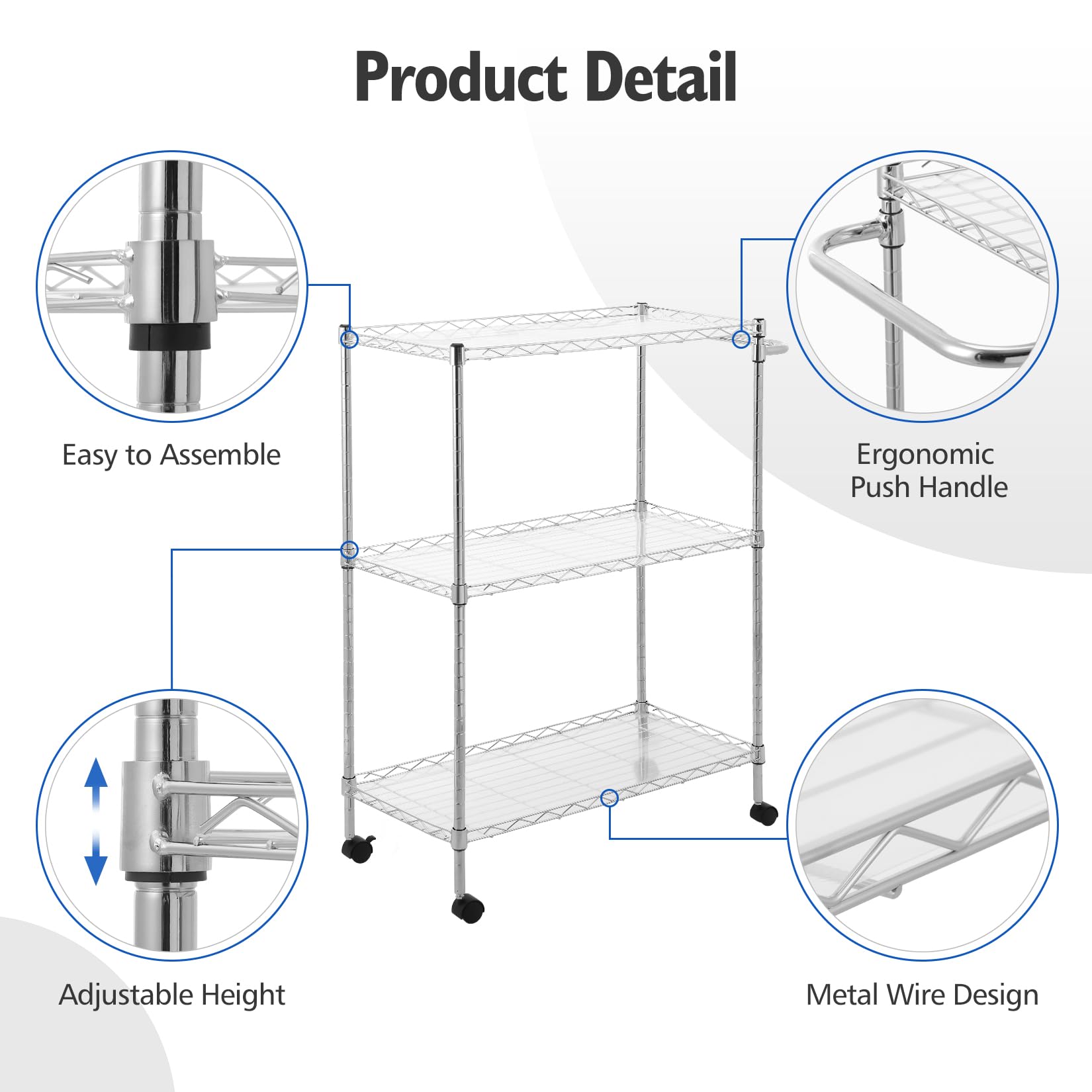 GARVEE 3-Tier Rolling Kitchen Cart with Handle & Shelf Liner - 300LBS Capacity Mobile Utility Cart for Kitchen, Restaurant, Office & Home Storage - Perfect for Organizing Spices, Cookware & Serving Dishes