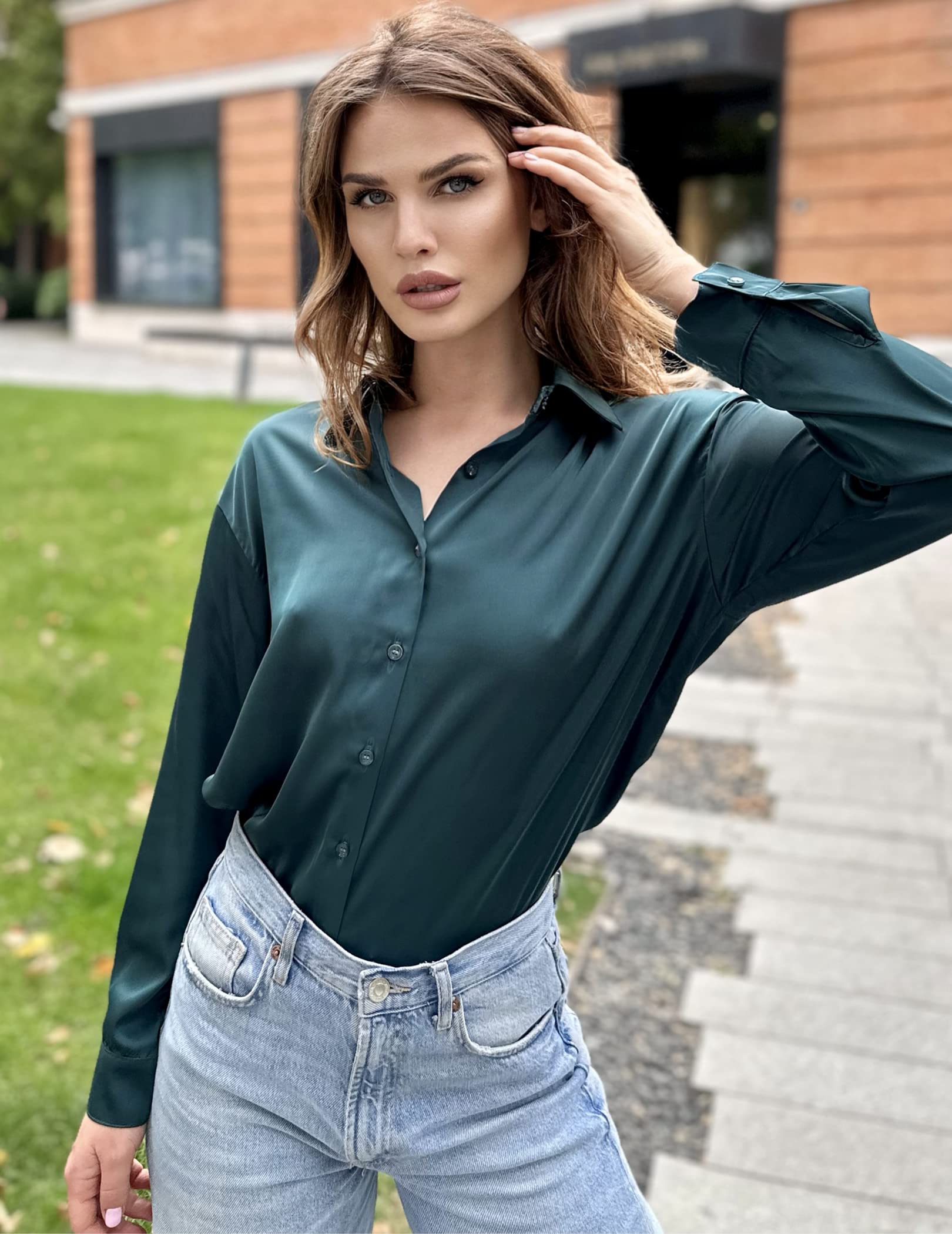 Chigant Women's Satin Silk Button Down Blouse - Long Sleeve Loose Fit Casual & Office Tunic Top for Work, Date Night & Business Meetings