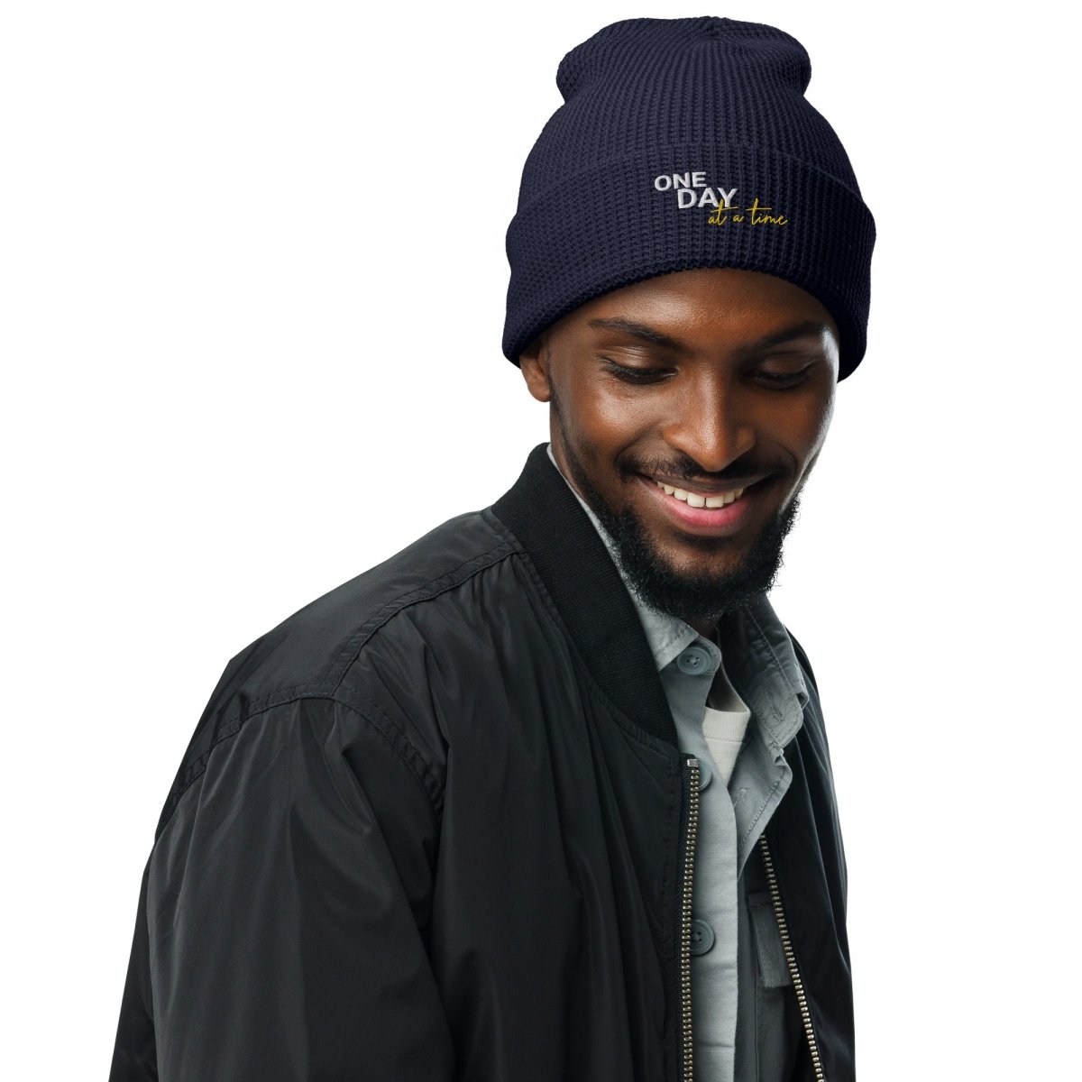 One Day at a Time Embroidered Waffle Beanie - Cozy Knit Winter Hat for Women & Men - Perfect for Cold Weather, Outdoor Activities & Casual Style