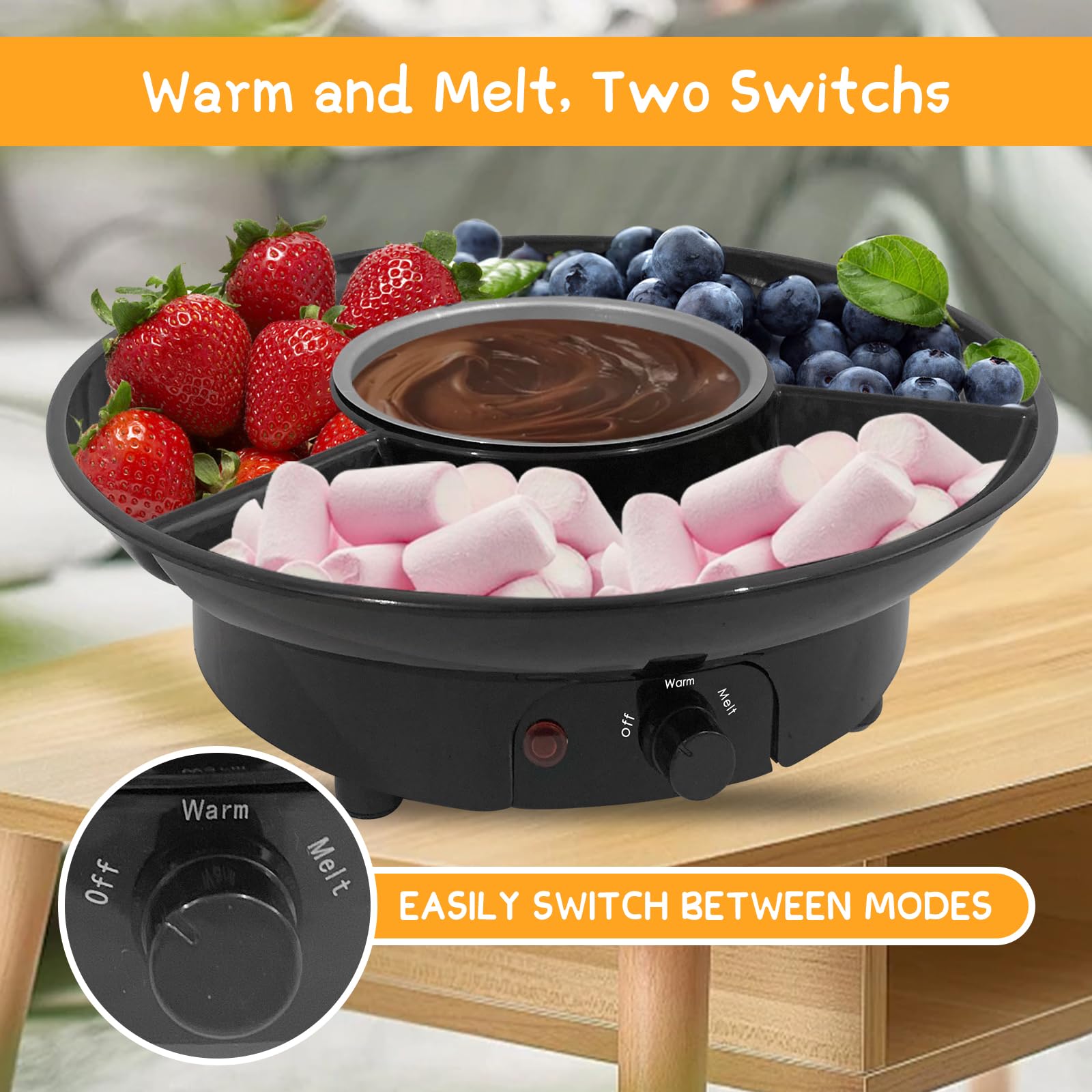 Electric Fondue Pot Set for Chocolate & Cheese - 9oz Detachable Bowl with Temperature Control & 6 Dipping Forks - Perfect for Romantic Date Nights, Movie Nights & Game Nights - Ideal Gift for Couples & Families (Black)