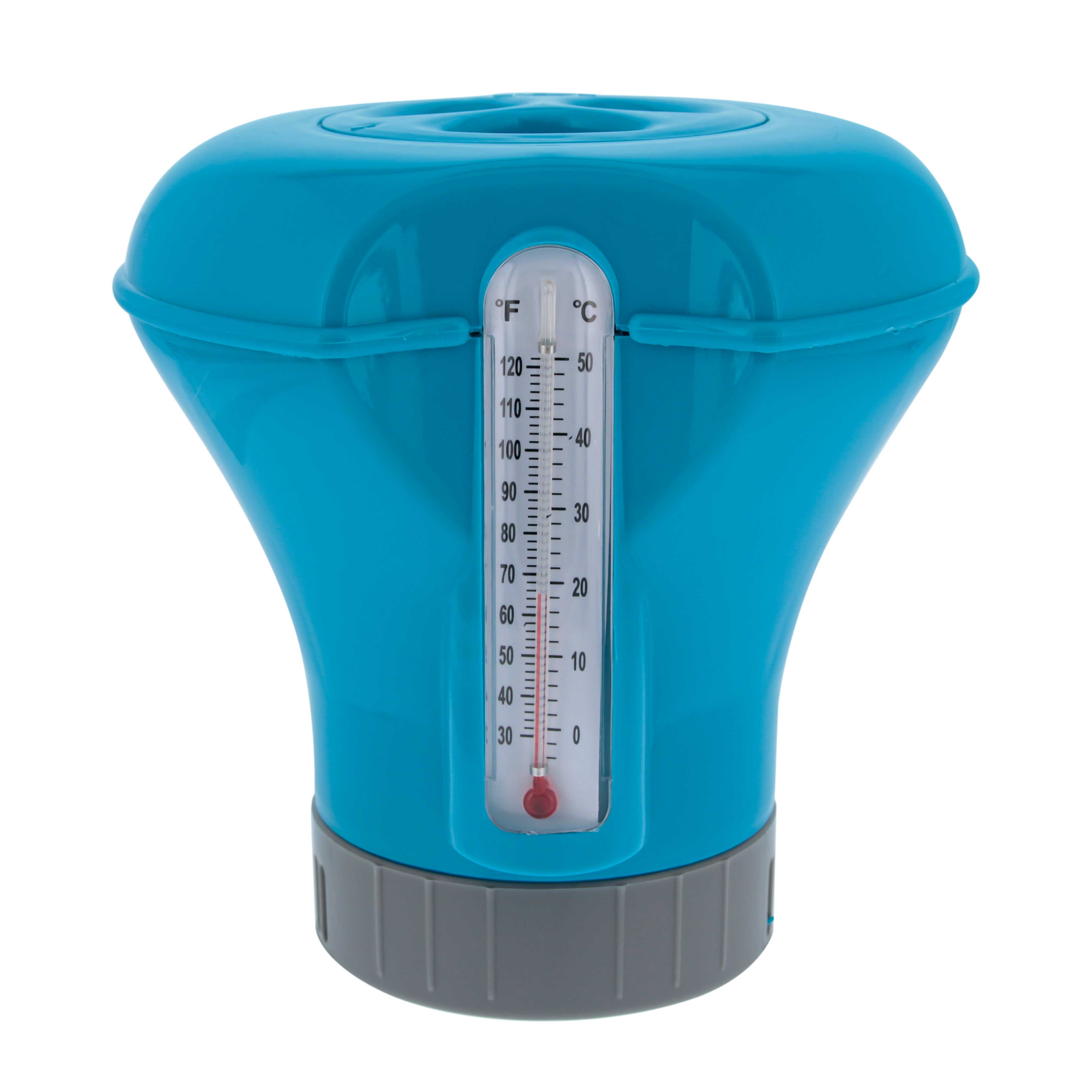Pool Chlorine Floater Dispenser with Thermometer - 8 Inch Diameter Floating Chlorinator for Swimming Pools - Large Capacity Holds 3 Chlorine Tablets - Adjustable Ring for Balanced Chemical Delivery - Perfect for Inground & Above Ground Pools