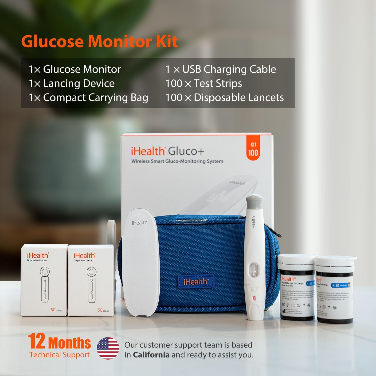 iHealth Gluco+ Wireless Smart Blood Glucose Monitor Kit - 100 Test Strips & Lancets - Bluetooth Diabetes Testing Meter with Mobile App - Home & Travel Use for Type 1 & 2 Diabetics