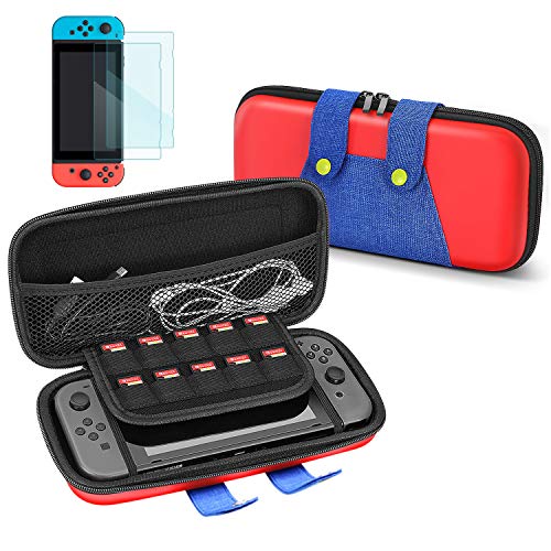 Nintendo Switch Mario Theme Travel Case with Screen Protector - Hard Shell EVA Protective Pouch for Joy-Con Controllers - Portable Carry Case with Strap Handle for Gaming on the Go, Travel, and Commuting