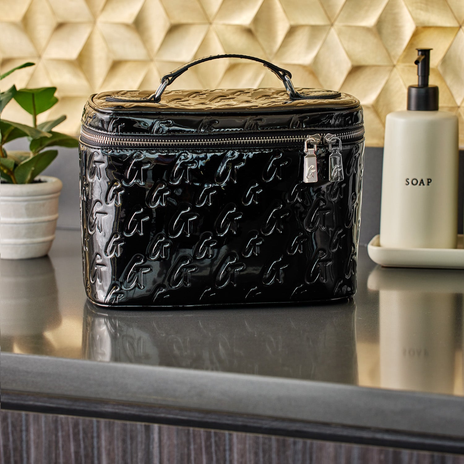 Large Monogram Toiletry Bag with Mirror - Black | Travel Cosmetic Organizer for Women & Men | Perfect for Gym, Vacation & Business Trips