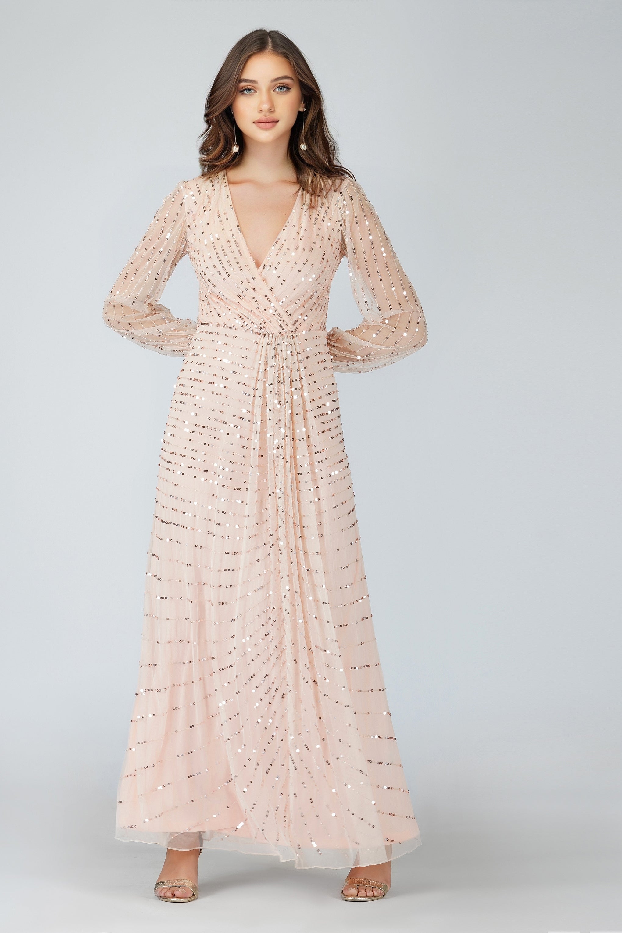 Elegant Long Sleeve Blush Pink Bridesmaid Dress for Weddings & Formal Events - Perfect for Bridal Party, Evening Gowns & Special Occasions
