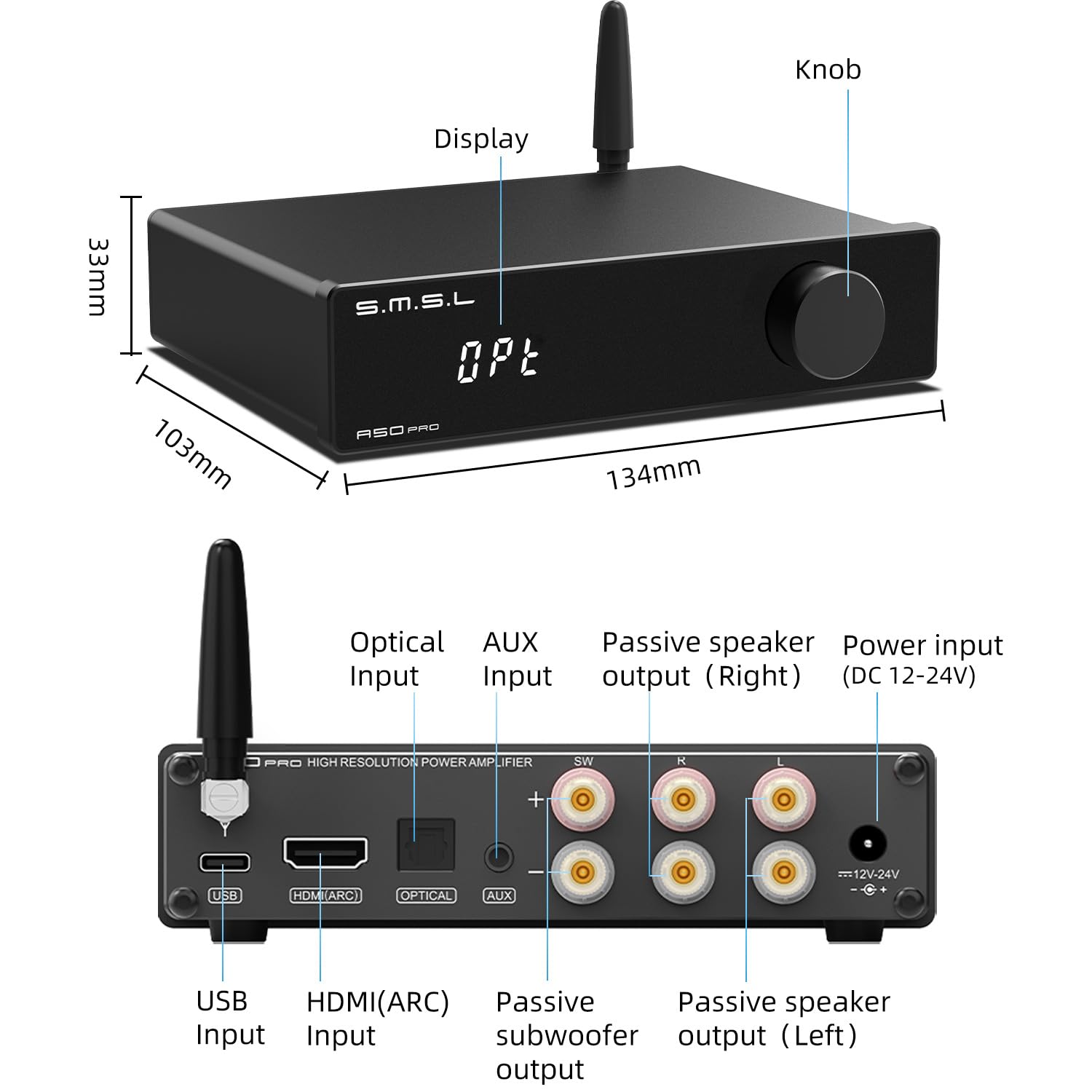 S.M.S.L A50 PRO Hi-Fi Power Amplifier with 2.1 Channel High/Low Pass Filter, Infineon MA12070P Chip, Bluetooth 5.0/USB/HDMI/AUX Inputs, Adjustable Bass Volume for Passive Subwoofer - Perfect for Home Theater & Audiophile Sound Systems