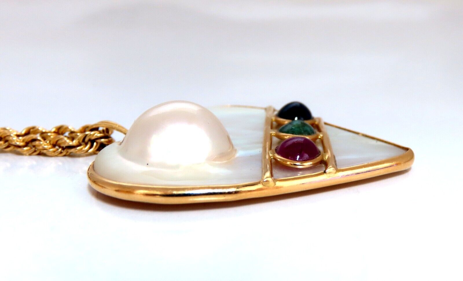 14K Gold Heart Shaped Mabe Pearl Necklace with Emerald, Ruby & Sapphire Accents - Elegant Rope Chain Jewelry for Valentine's Day, Anniversary & Special Occasion Gifts