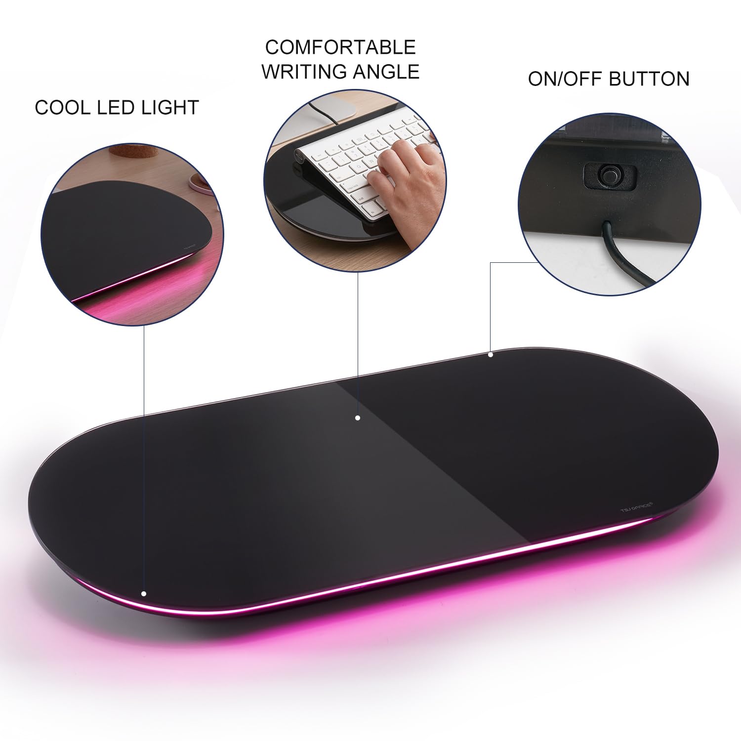 TSJ OFFICE 17x7 Inches Glass Desktop Whiteboard - Small Dry Erase Board with Pink LED Light, Glass Surface Notepad with Drawer - Perfect for Office, Home & School Organization (Black) | Ideal for Meetings, Notes & Daily Planning