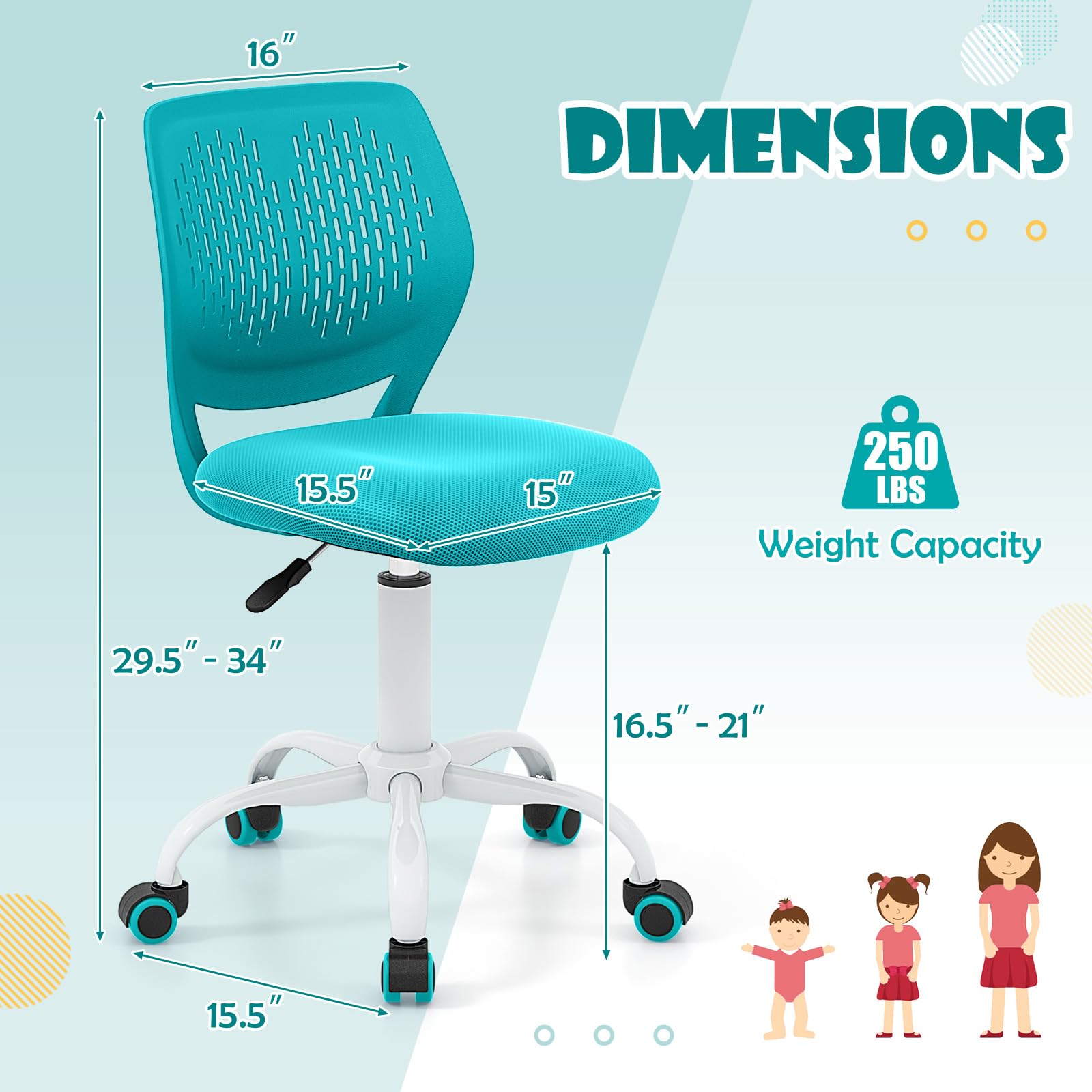 Powerstone Adjustable Swivel Office Chair - Compact Armless Desk Chair for Small Spaces, Home & Workspace - Ergonomic Writing Task Chair in Turquoise - Perfect for Home Office, Study & Workspaces