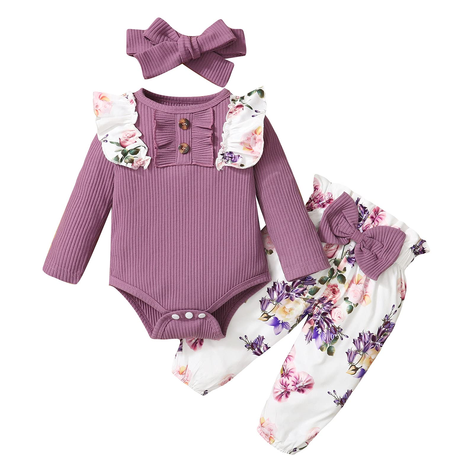 Baby Girl Newborn Clothes Set - Long Sleeve Ruffled Romper Bodysuit with Floral Print Pants & Headband | Soft Cotton Infant Outfit for Photo Shoots, Parties & Daily Wear