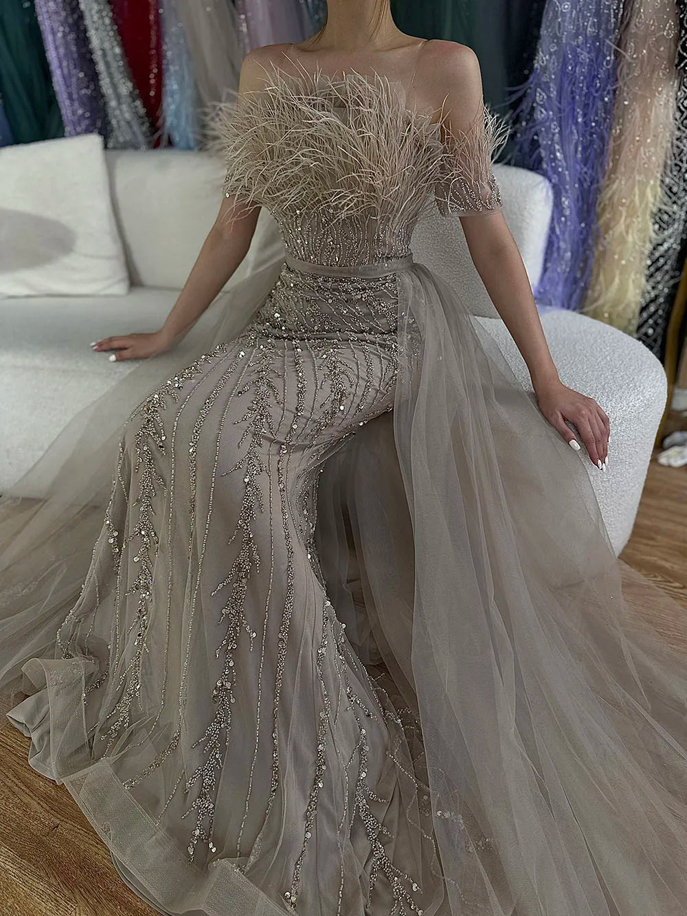 Luxury Dubai Saudi Arabic Beaded Caramel Mermaid Evening Gown with Overskirt - Elegant Formal Dress for Weddings, Galas & Special Occasions LA71634A