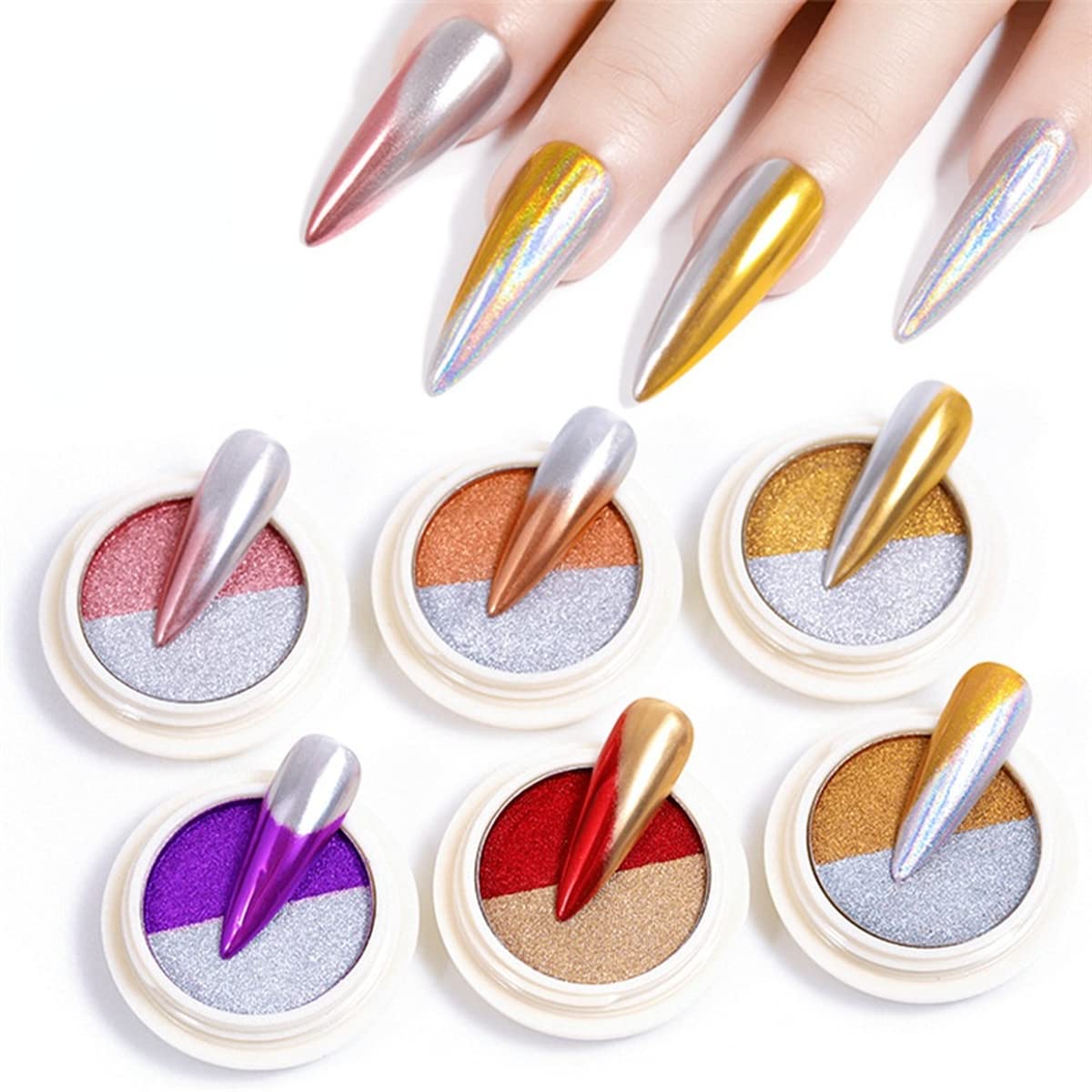 6 Jars Holographic Laser Nail Powder Set - Solid Chrome Nail Art Pigment for Gel & Acrylic Nails - Perfect for Salon, DIY Manicure & Nail Art Designs