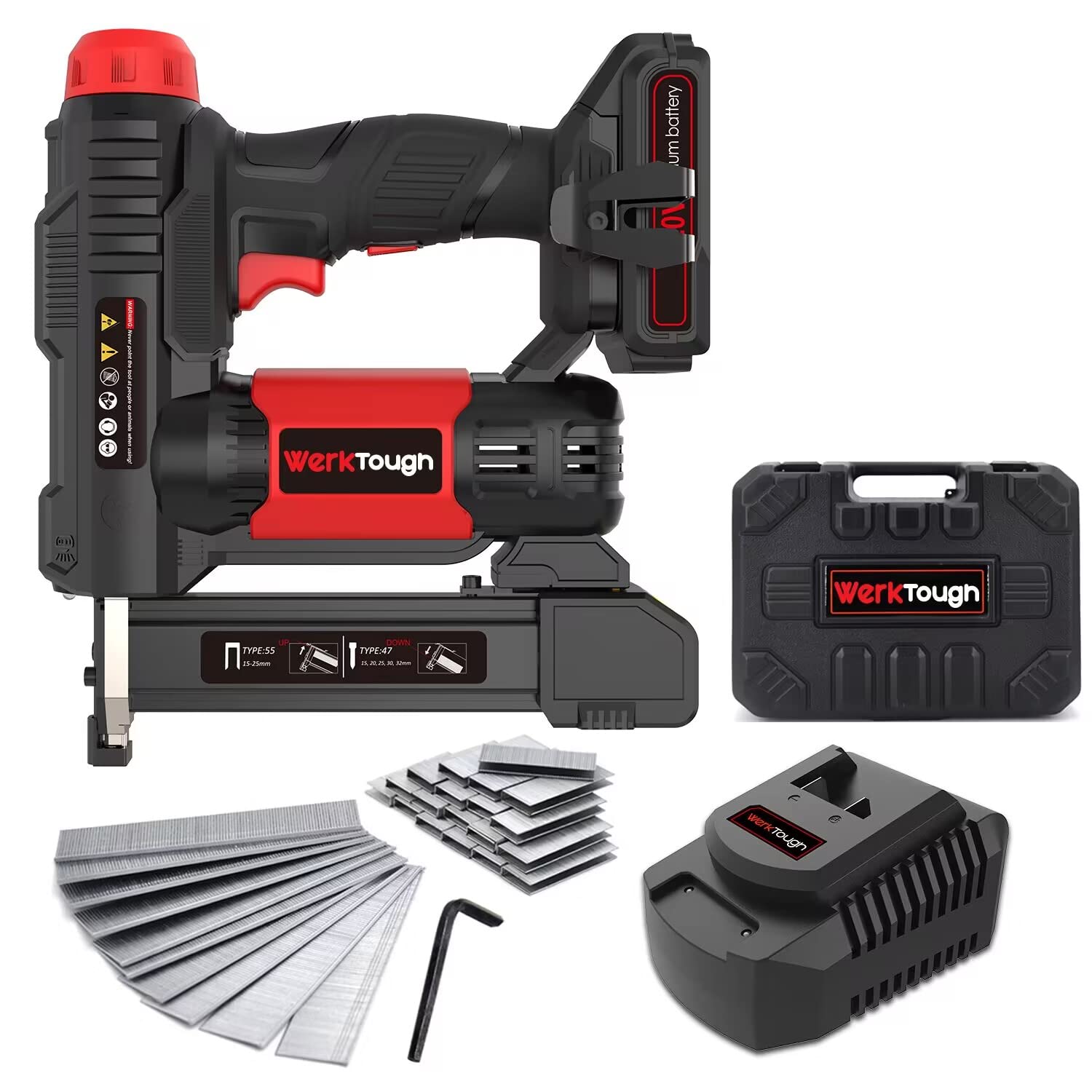 Powertough 20V Cordless Staple Gun & Brad Nailer 2-in-1 with Fast Charger - 2000mAh Lithium Battery, Includes 2000pcs Free Staples (90 4/5” + 18GA 1”) & Tool Case - Perfect for DIY Projects, Home Repairs, Upholstery, and Woodworking