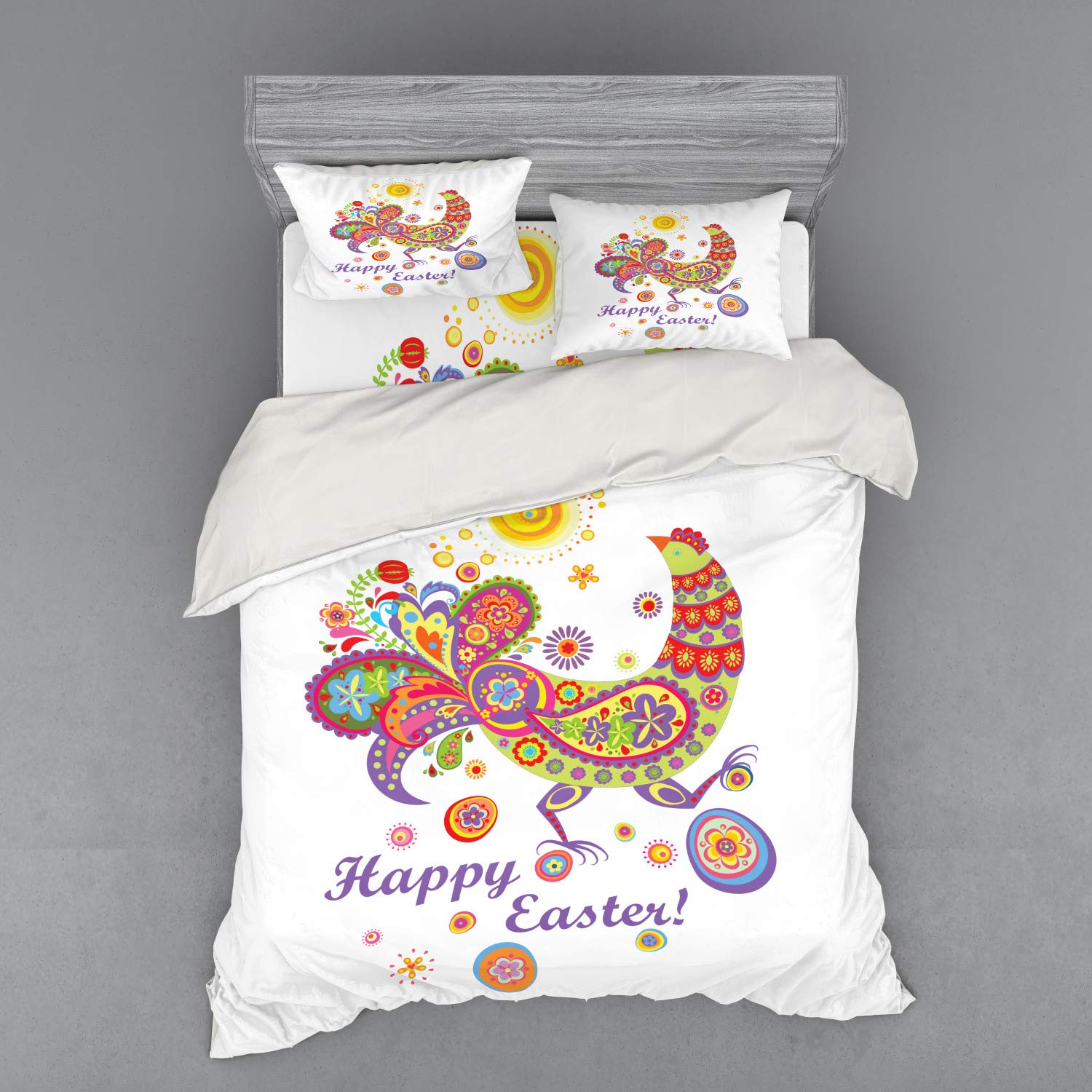 Ambesonne Easter Duvet Cover Set - Colorful Farm Animal Print with Blossoming Flowers & Egg Design, 4-Piece Queen Size Bedding Set with Shams & Fitted Sheet | Perfect for Spring Decor, Easter Gifts & Farmhouse Style Bedrooms