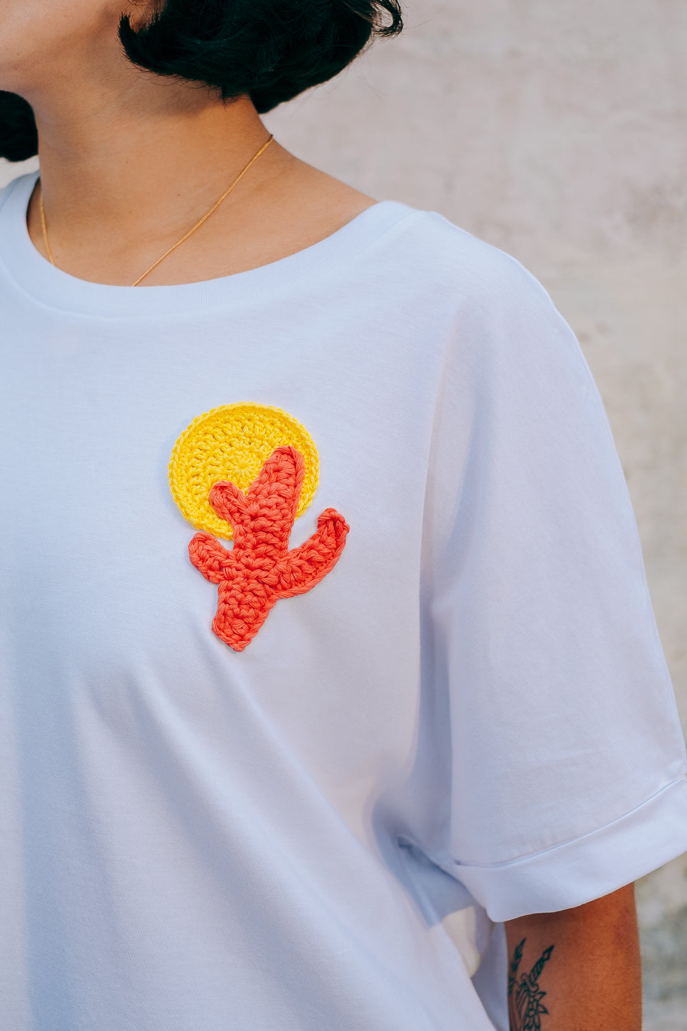 Lowie White Crochet Cactus T-Shirt for Women - Summer Boho Cotton Tee with Cute Cactus Design - Perfect for Beach Vacations, Music Festivals & Casual Outings