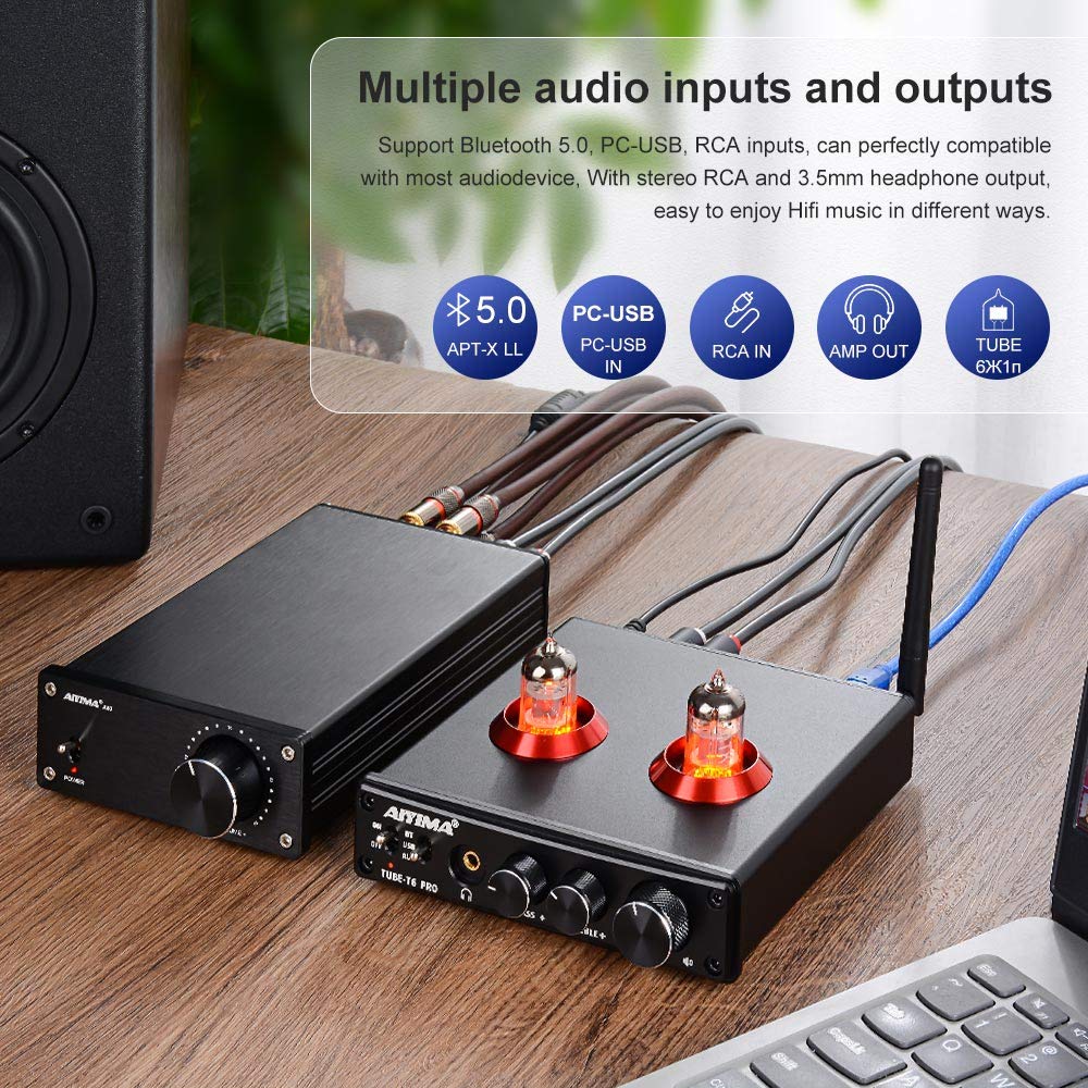 AIYIMA T6 PRO Bluetooth 5.0 Tube Preamplifier - Hi-Fi Vacuum Tube Headphone Amplifier with USB DAC & APTX Support for Home Audio, Wireless Receiver, PC Setup - Perfect for Audiophiles & Music Lovers