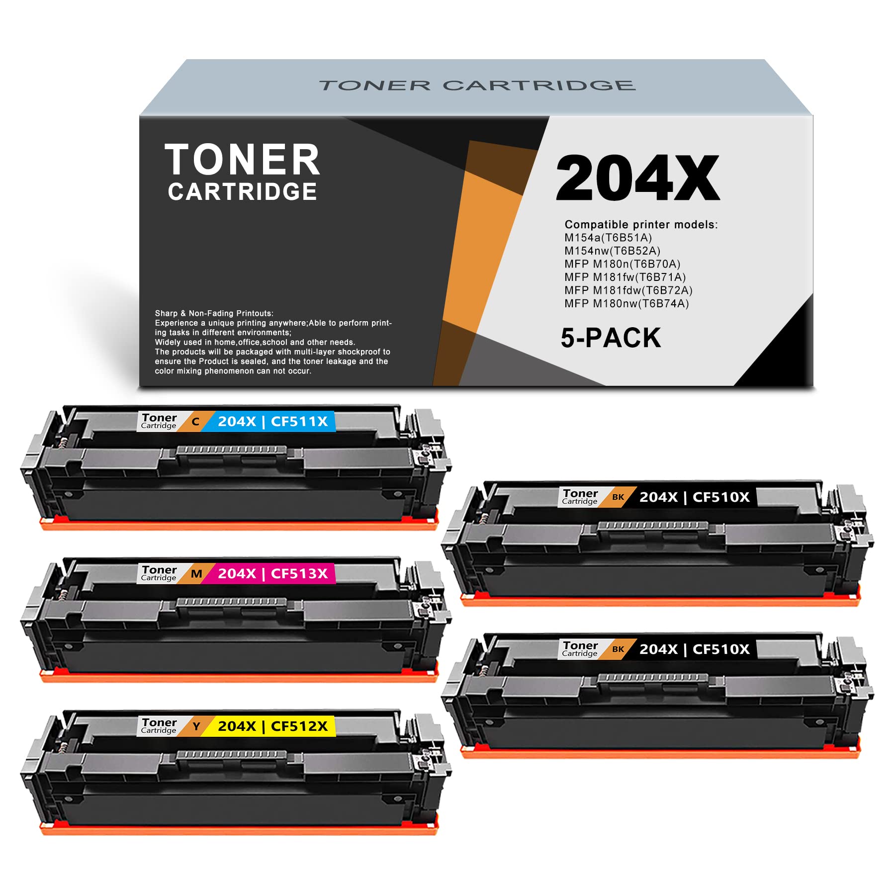 High Yield 204X Compatible Toner Cartridge Replacement (5 Pack, 2BK/C/M/Y) for HP M154nw M154a MFP M180n M181fw M181fdw M180nw Printers - Ideal for Office & Home Printing Needs - Sold by ARSEINK