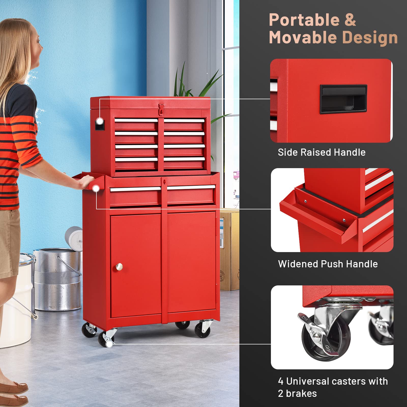 ERGOMASTER Heavy Duty 5-Drawer Rolling Tool Chest with Lockable Cabinet - Durable Garage & Workshop Tool Storage Organizer for Mechanics, DIY Enthusiasts, and Professional Technicians