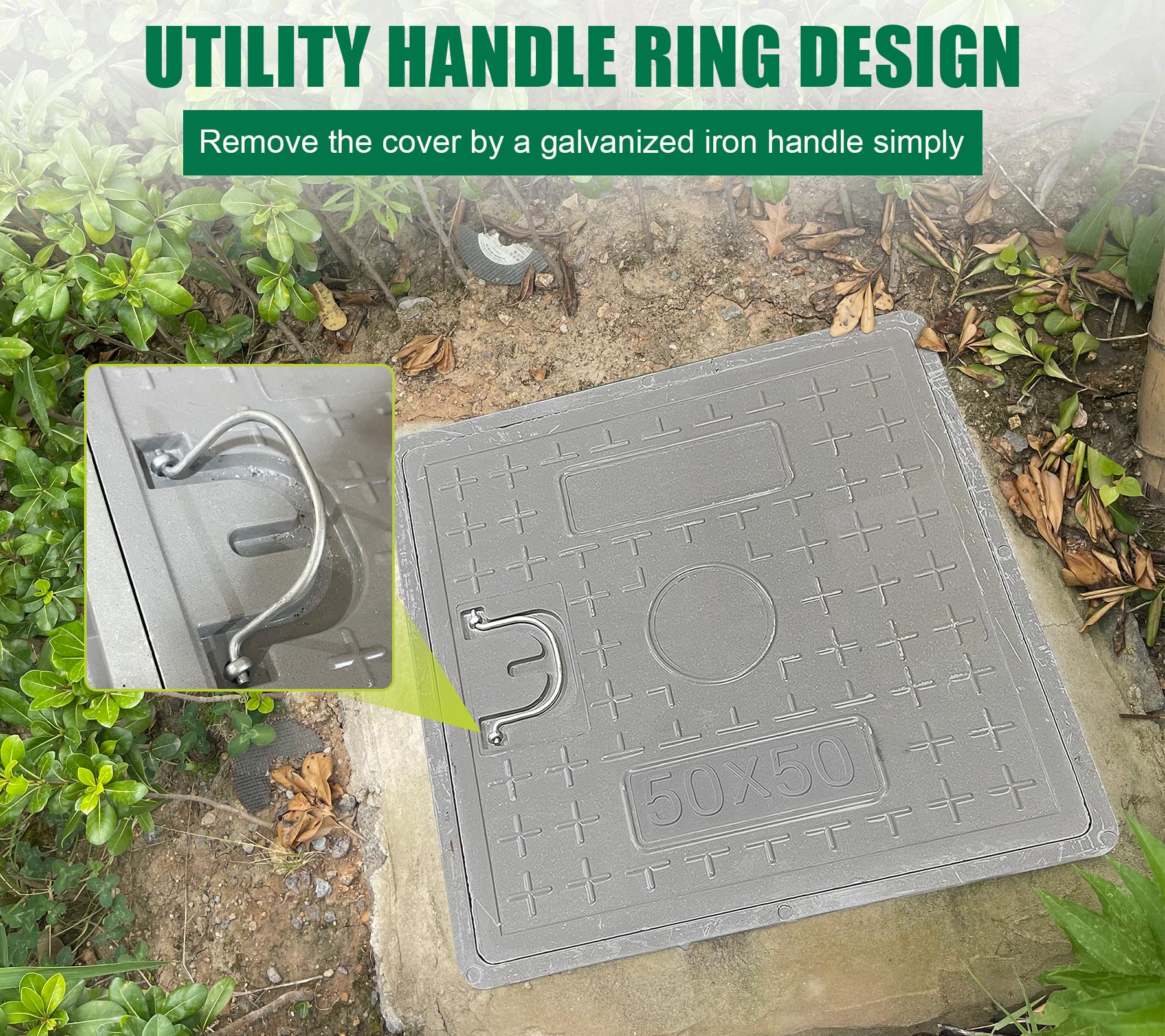 16x16 Inch Square Fiberglass Sewer Cover with Steel Reinforcement - 14x14in Clear Opening, Non-Slip Flat Manhole Lid with Handle - Durable 20x20in Sewage Basin Cover for Storm Drains, Parking Lots & Utility Access
