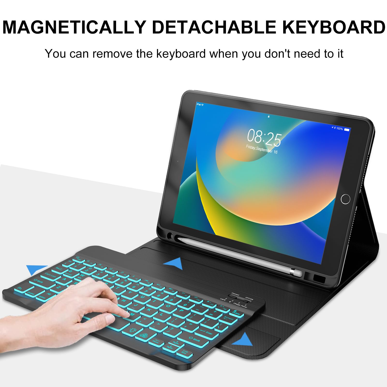 BORIYUAN iPad 10.2 inch Case with Bluetooth Keyboard - Detachable Backlit Keyboard (7 Colors), Slim Folio Smart Cover with Apple Pencil Holder for iPad 9th/8th/7th Gen, iPad Pro 10.5