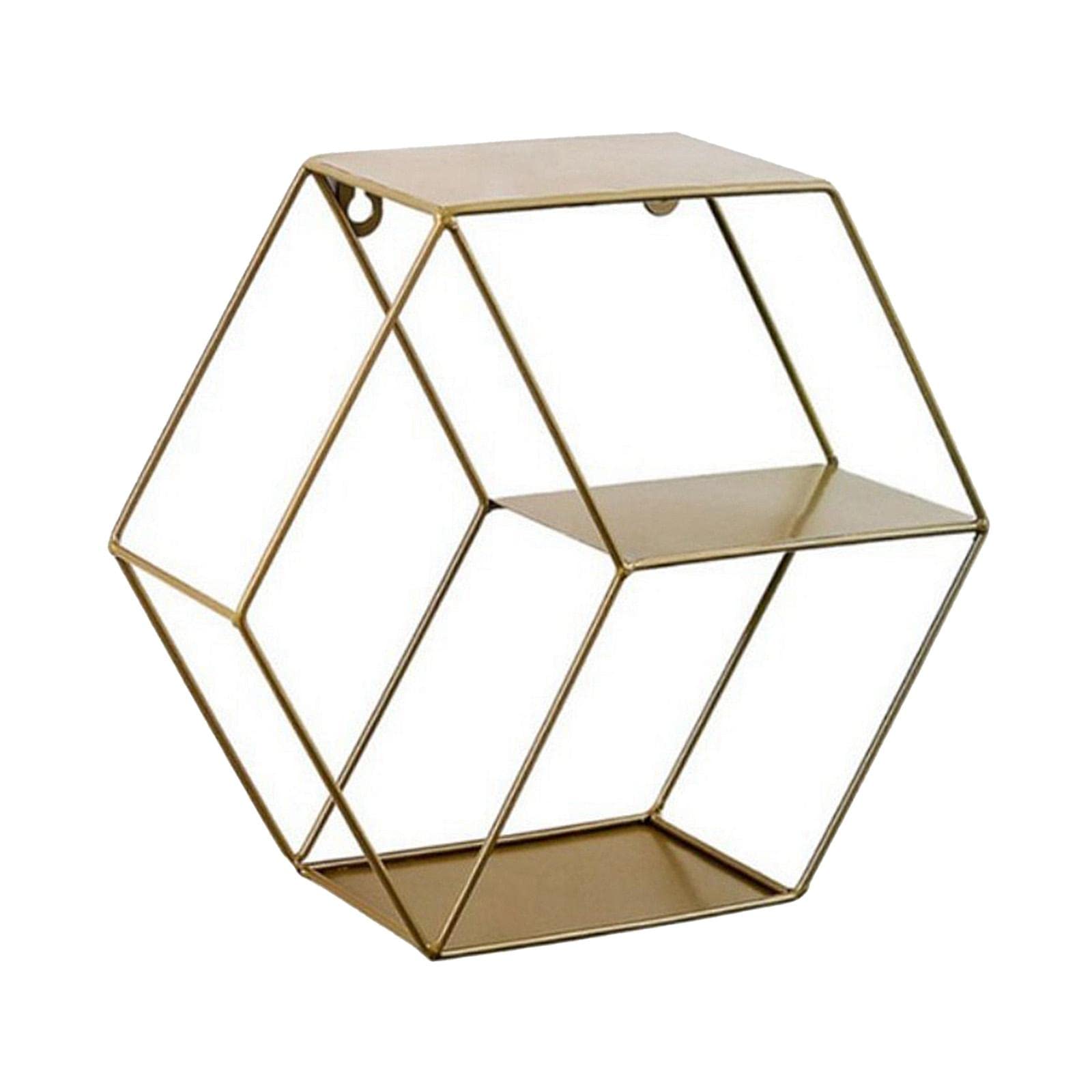 Hexagon Wrought Iron Floating Wall Shelf - Golden Wall Mounted Decor for Living Room, Bedroom & Office - Stylish Storage & Display Rack for Books, Plants & Home Decor
