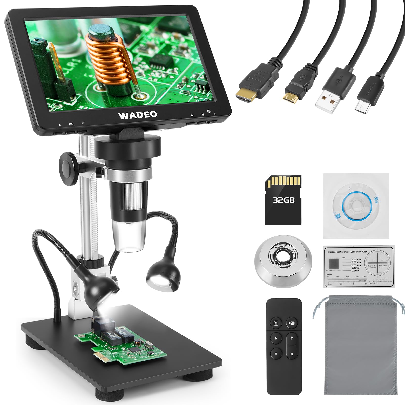 WADEO 7 Inch LCD Digital Microscope 50-1200X Magnification, 1080P HD USB Microscope with Adjustable Metal Stand & LED Illumination - Compatible with Windows/Mac OS, PC/TV - Includes 32GB SD Card - Perfect for Coin Collecting, Jewelry Inspection & Science Education