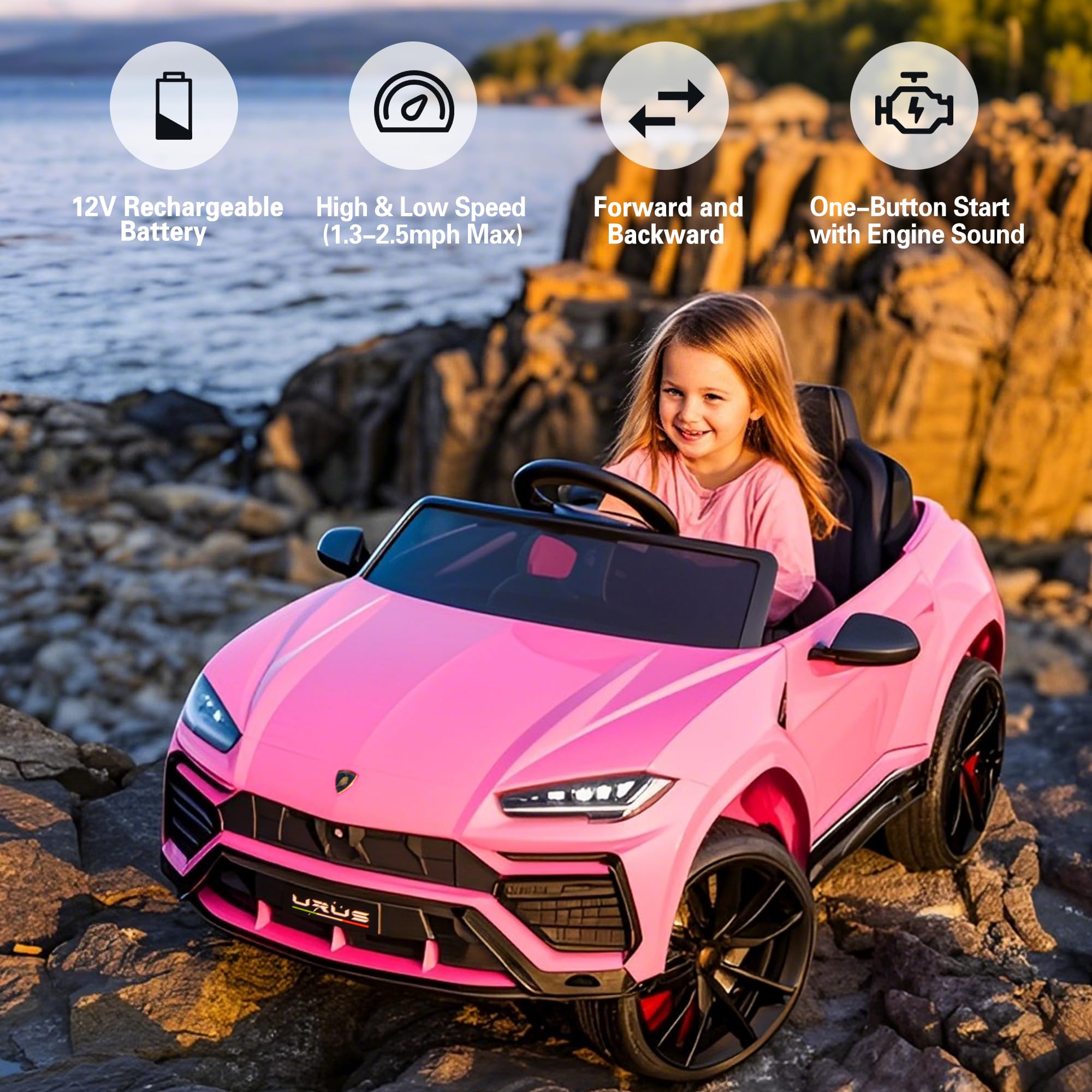 Licensed Lamborghini Urus 12V Electric Ride-On Car for Kids - Remote Control, LED Headlights, Music & 2 Speed Modes - Pink Battery-Powered Toy Truck for Boys & Girls | Perfect for Birthday Gifts, Outdoor Play & Driveway Fun