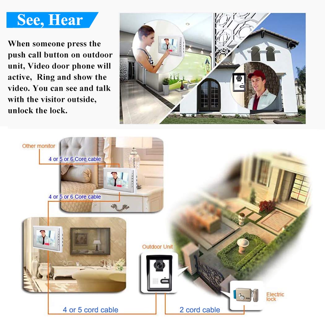 7-Inch Video Intercom System with Dual Cameras & 3 Monitors - Wired Door Phone with Unlock, Monitoring & 2-Way Audio - Ideal for Homes, Apartments & Office Security