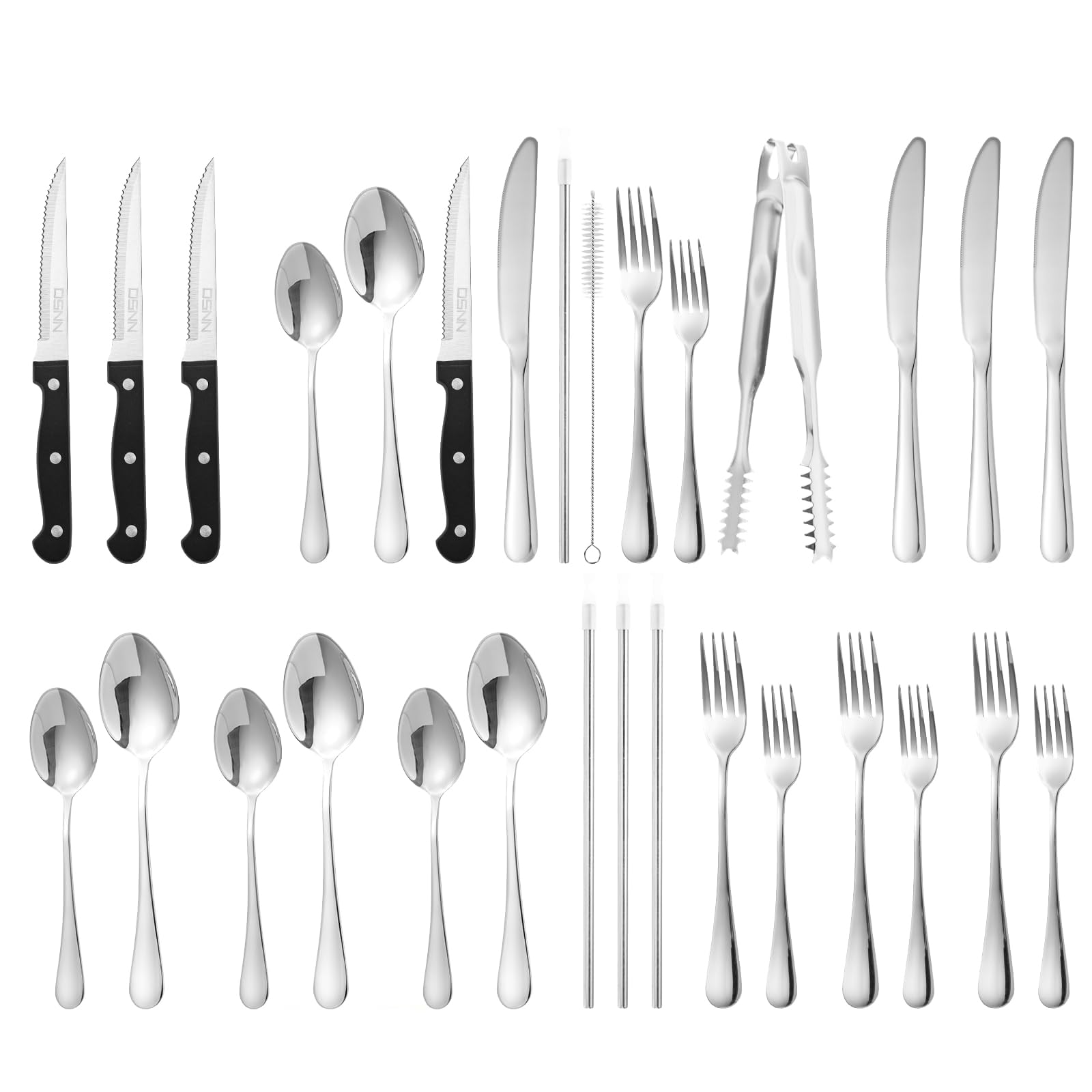 30-Piece Stainless Steel Silverware Set for 4 - Includes Knives, Spoons, Forks, Food Tongs & Metal Straws | DSNN Premium Kitchen Cutlery Set | Perfect for Dining, Entertaining & Eco-Friendly Living