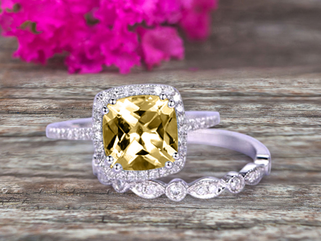 1.75 Carat Cushion Cut Vintage Champagne Moissanite Engagement Ring with Wedding Band Set in 10k White Gold - Perfect for Bridal Jewelry, Anniversary Gifts & Special Occasions