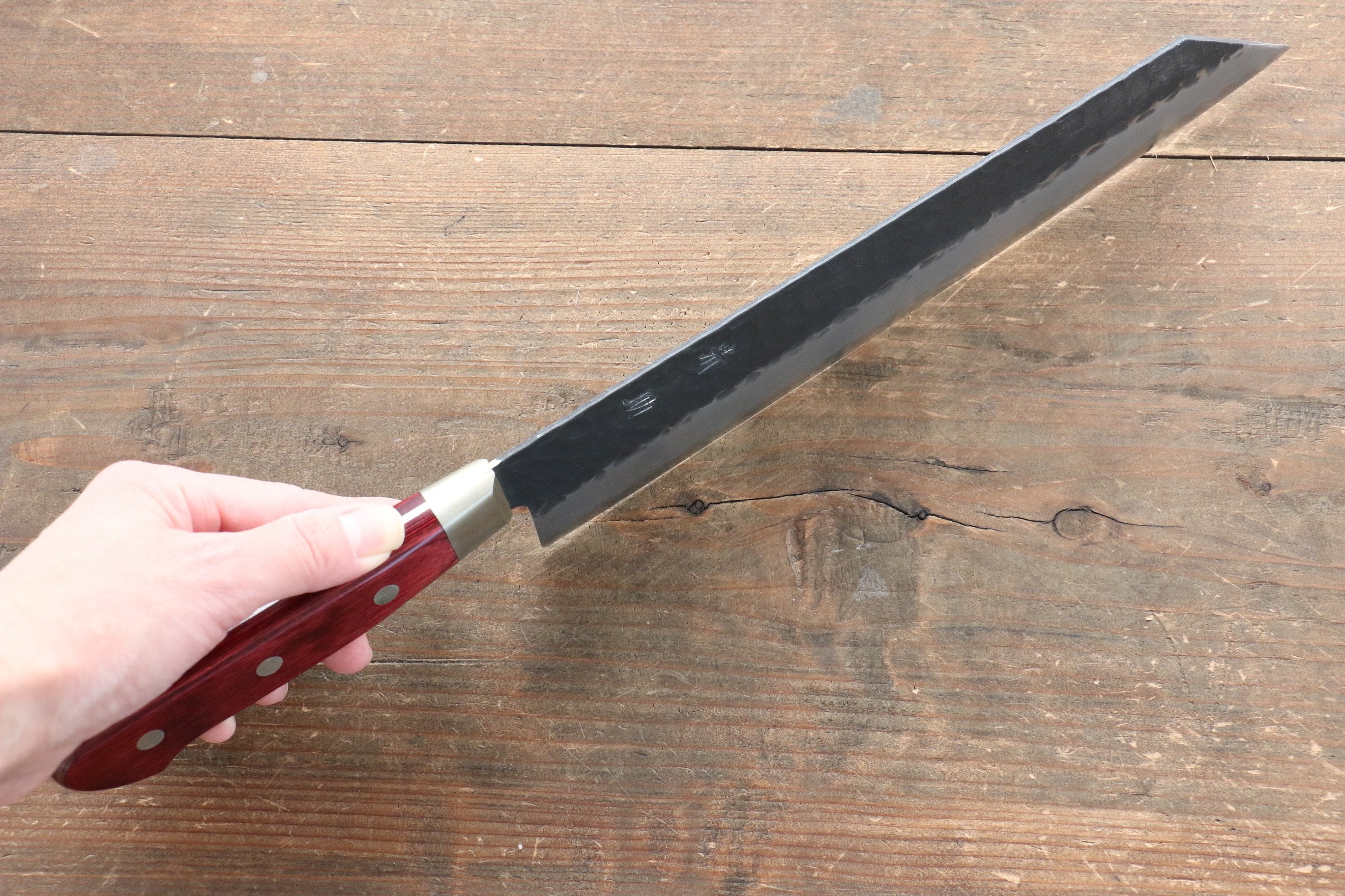 Seisuke Kurobeni Blue Super Hammered Kurouchi Kiritsuke Gyuto Japanese Chef Knife 240mm - Red Pakka Wood Handle - Professional Kitchen Knife for Sushi, Meat Cutting & Precision Cooking