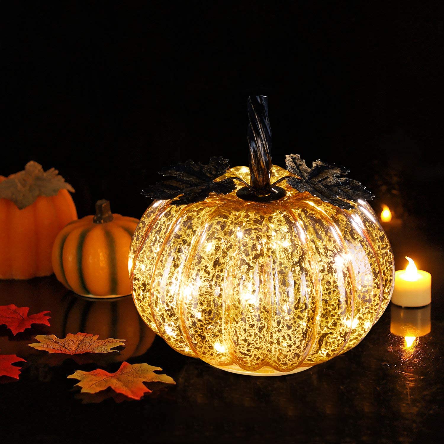 Mercury Glass Pumpkin Lights with Timer - 5.5 Inch Fall Decorations for Table Centerpieces, Halloween & Thanksgiving Home Decor | Perfect for Autumn Parties, Fireplace Mantels & Porch Displays