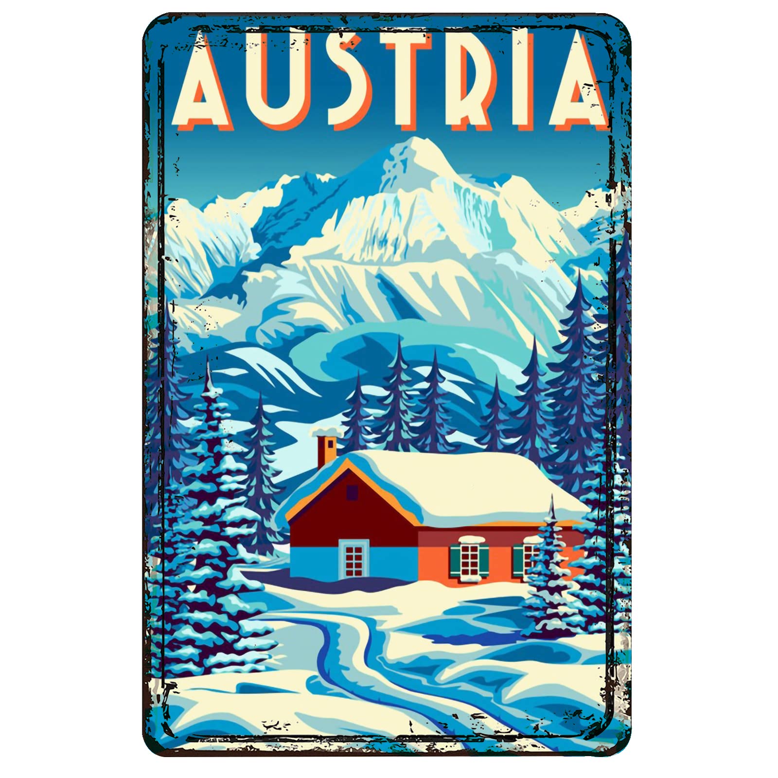 Vintage Austria Ski Landscape Metal Tin Sign Wall Art - 12x16 Inch (30x40cm) Aluminum Dragonfly Decor for Home, Bar, Cafe & Man Cave - Retro Winter Poster & Metal Wall Decor