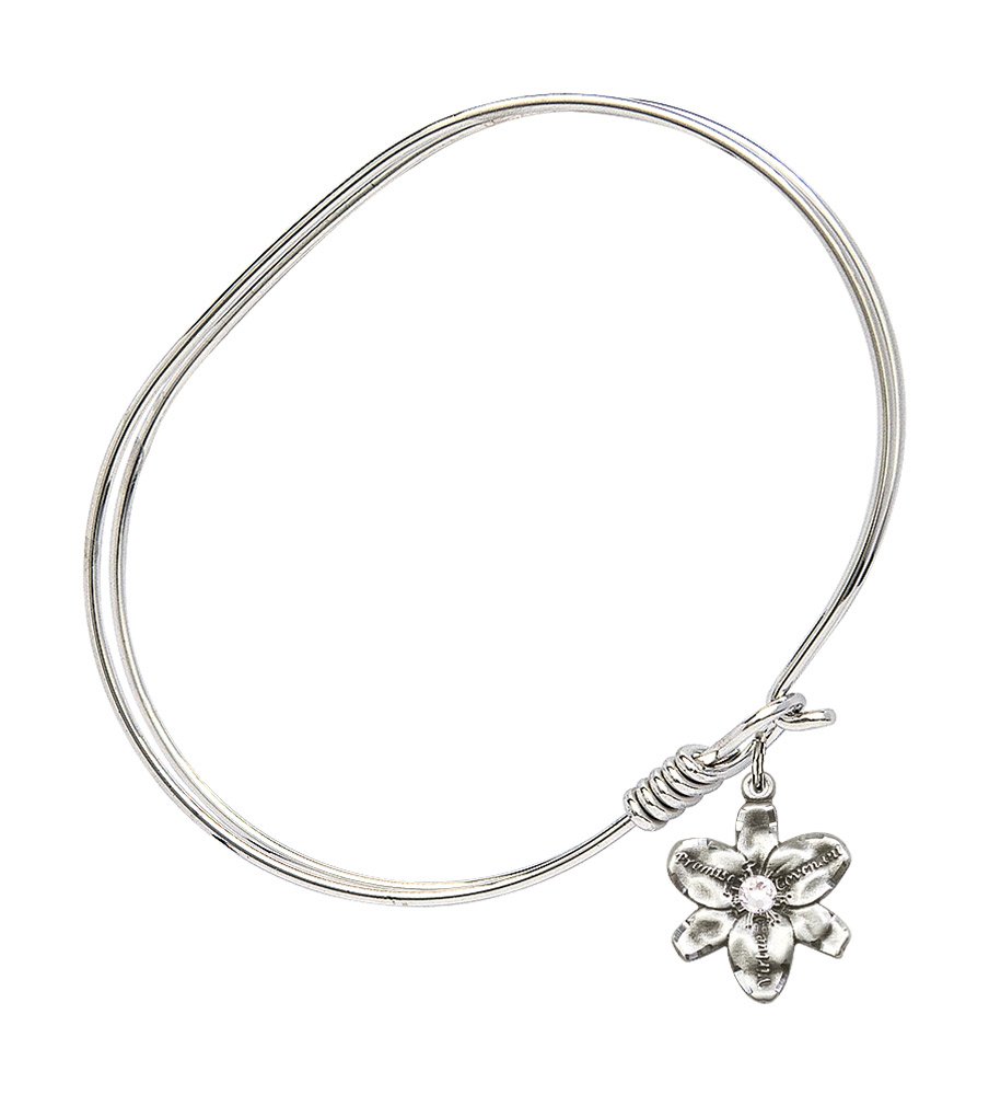 7 Inch Oval Eye Hook Bangle Bracelet with Chastity Medal Charm & April Birthstone Crystal - Elegant Jewelry for Women, Perfect for Daily Wear, Special Occasions and Gift Giving