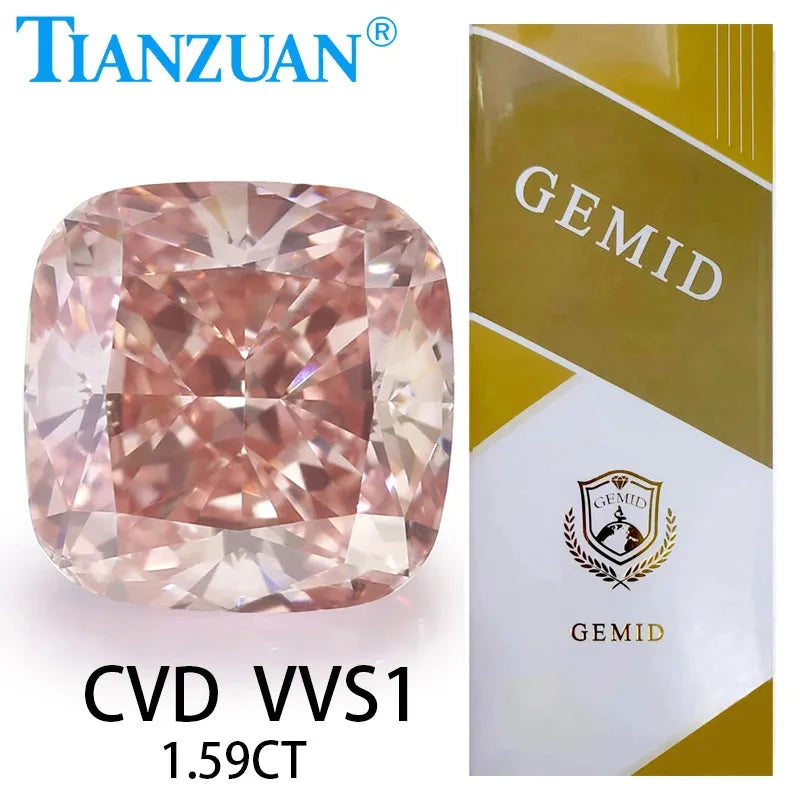 Lab Grown CVD Cushion Cut Fancy Intense Pink Diamond - VVS1/VS1/VS2 Clarity, 2EX Cut, GEMID Certified Loose Gemstone for Engagement Rings & Jewelry Making