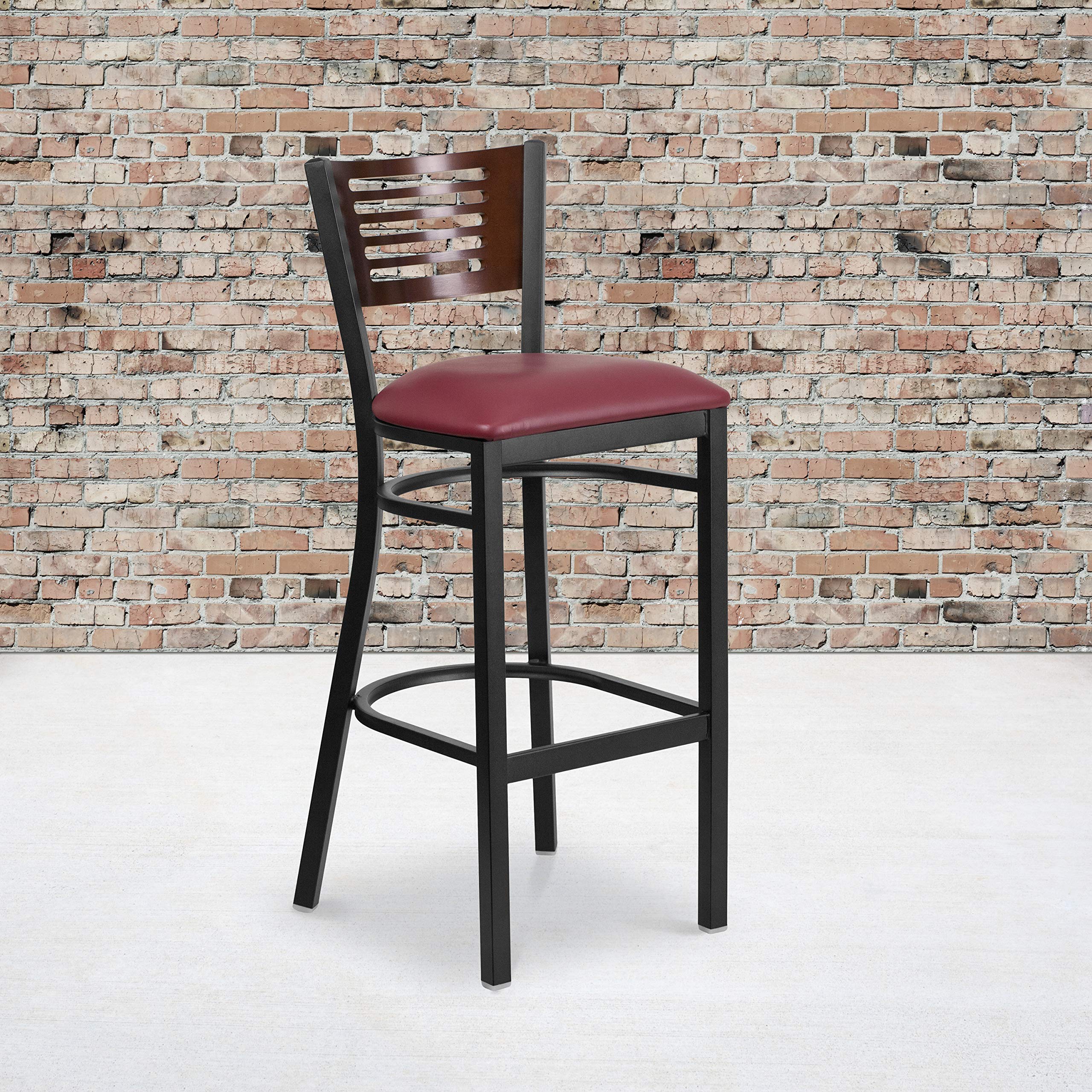 2 Pack Black Slat Back Metal Bar Stools with Walnut Finish & Burgundy Vinyl Seat - Modern Kitchen Counter Stools for Restaurant, Bar, Diner, and Home Breakfast Nook