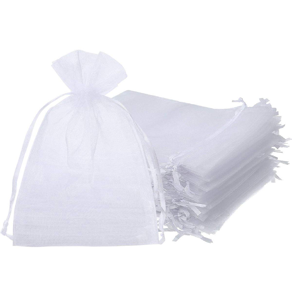 100-Piece White Organza Drawstring Gift Bags 6.7x9 Inches - Wedding Favors, Party Supplies, Jewelry Pouches & Candy Bags for Bridal Showers, Baby Showers & Travel Essentials | Bulk Pack of Elegant Favor Bags