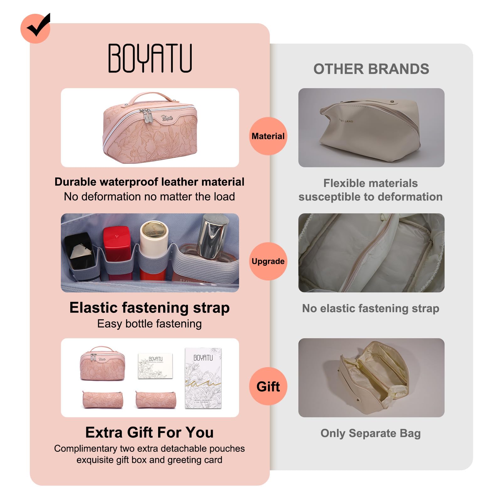 BOYATU 3-Piece Travel Makeup Bag Set - Large Capacity Cosmetic Organizer with Dividers, PU Leather Toiletry Pouch for Women - Portable Wide Open Design with Handle (Pink) - Perfect for Travel, Gym, and Daily Makeup Storage