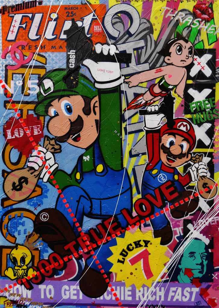 140cm x 100cm Mario and Luigi Textured Urban Pop Art Canvas Painting - Super Bros Wall Decor for Game Room, Living Room & Office
